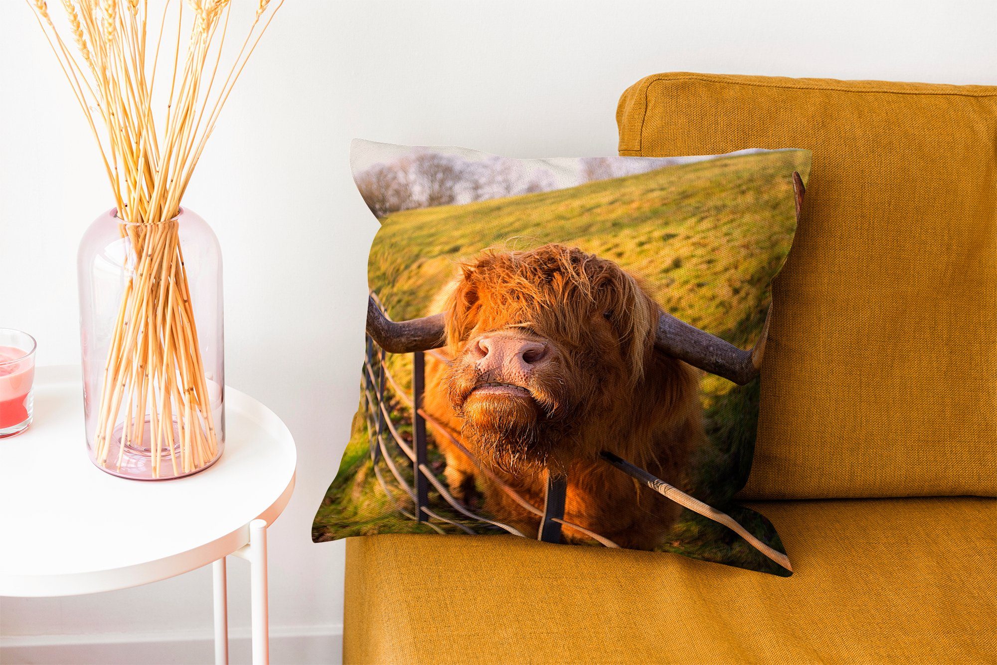 für Füllung Zaun Wohzimmer, - Gras, Zierkissen - Deko, mit Scottish MuchoWow Highlander Sofakissen Schlafzimmer, Dekokissen