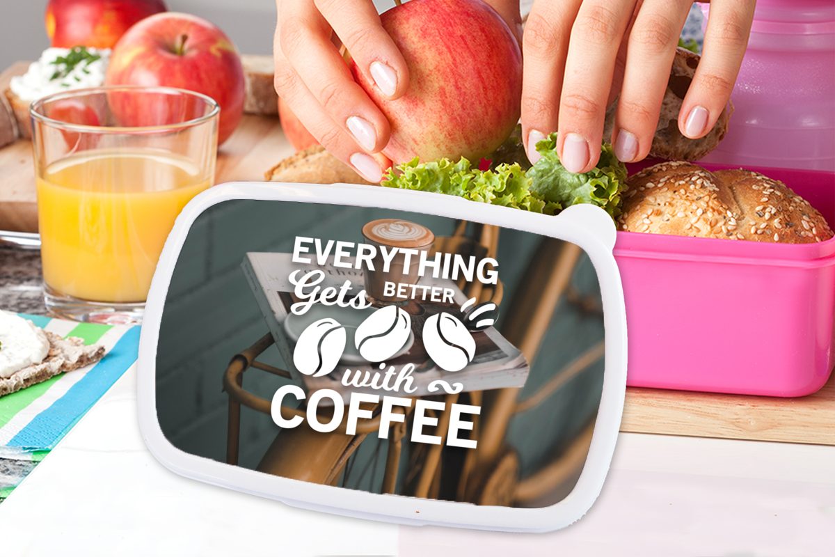MuchoWow Lunchbox Zitate - Brotdose Mädchen, (2-tlg), Erwachsene, Kaffee rosa Kaffee, alles Kunststoff, Brotbox Kunststoff - Snackbox, für Kinder, Sprichwörter - wird besser Mit