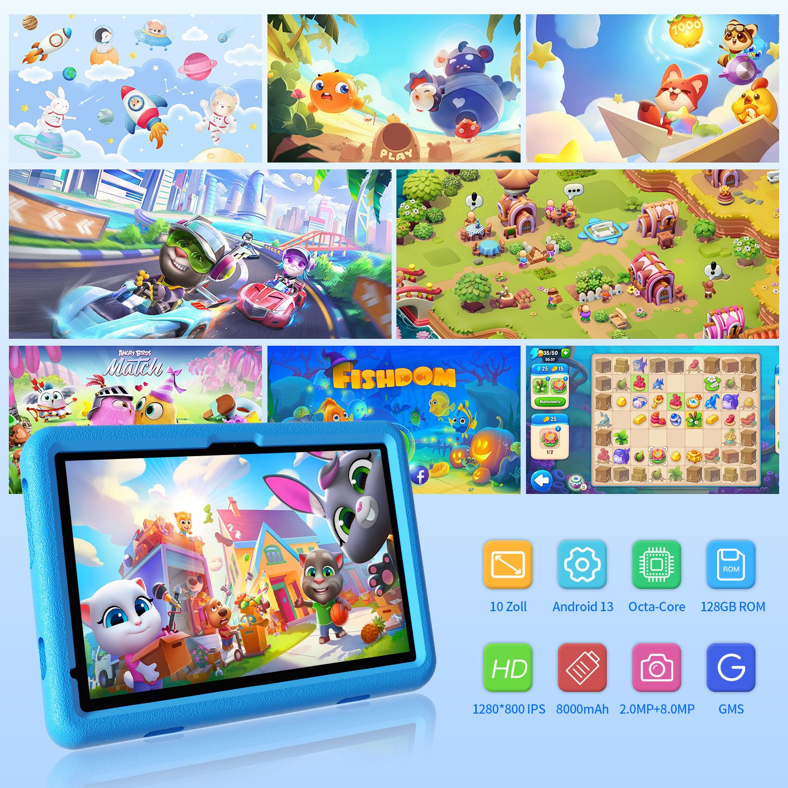 VASOUN TAB11 Kinder-Tablet 10 Zoll, 128 GB, leichtes EVA-Schutzgehäuse Tablet (1TB Erweiterung,vorinstallierte Kindersoftware,Tablet mit Silikonhülle)