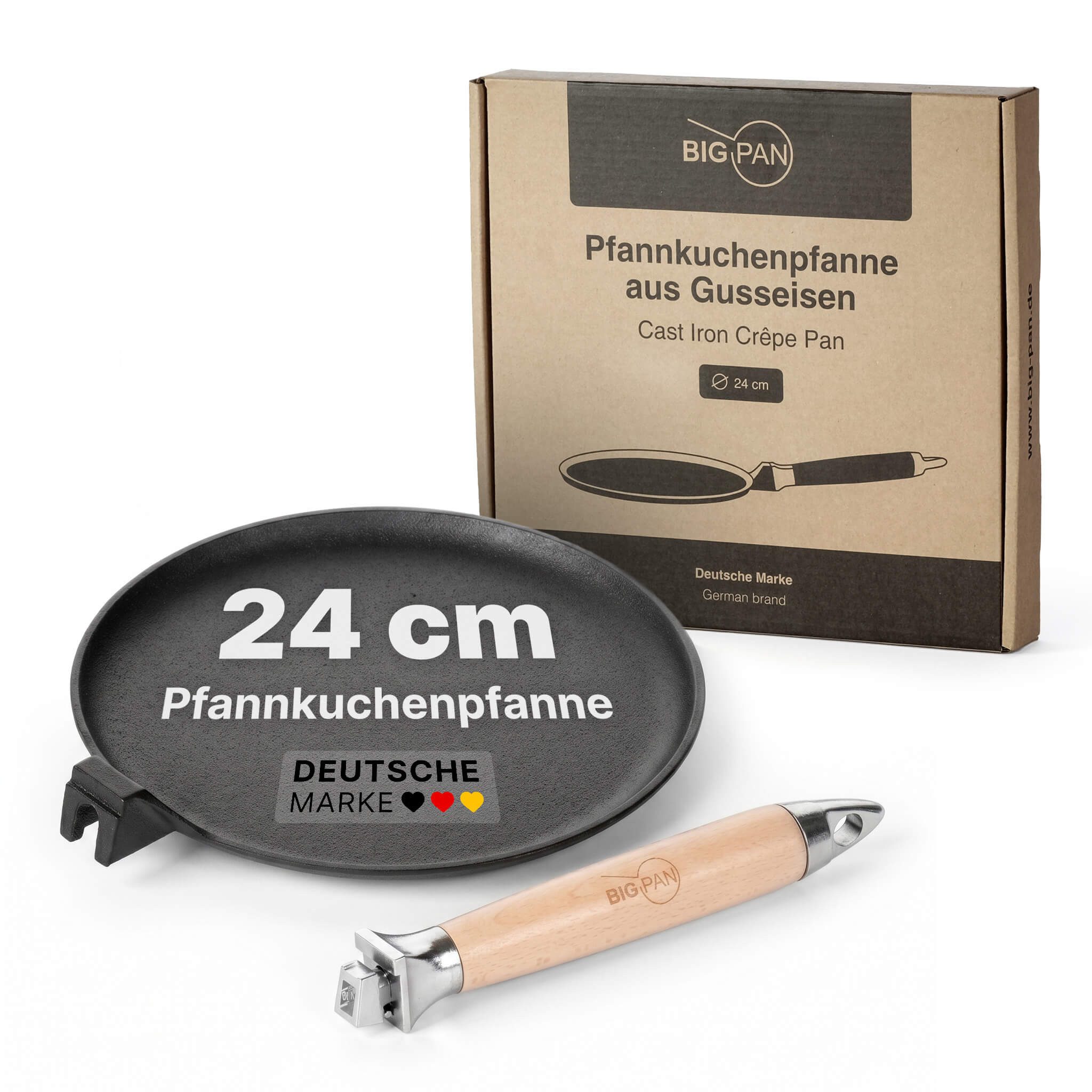 BIG-PAN Crêpepfanne Premium Pfannkuchenpfanne Gusseisen 24 cm Induktion abnehmbarer Griff, Gusseisen (Crêpes Pfanne Gußeisenpfanne Eisenpfanne, Cast Iron Pan), Induktion Holzgriff backofenfest UNBESCHICHTET