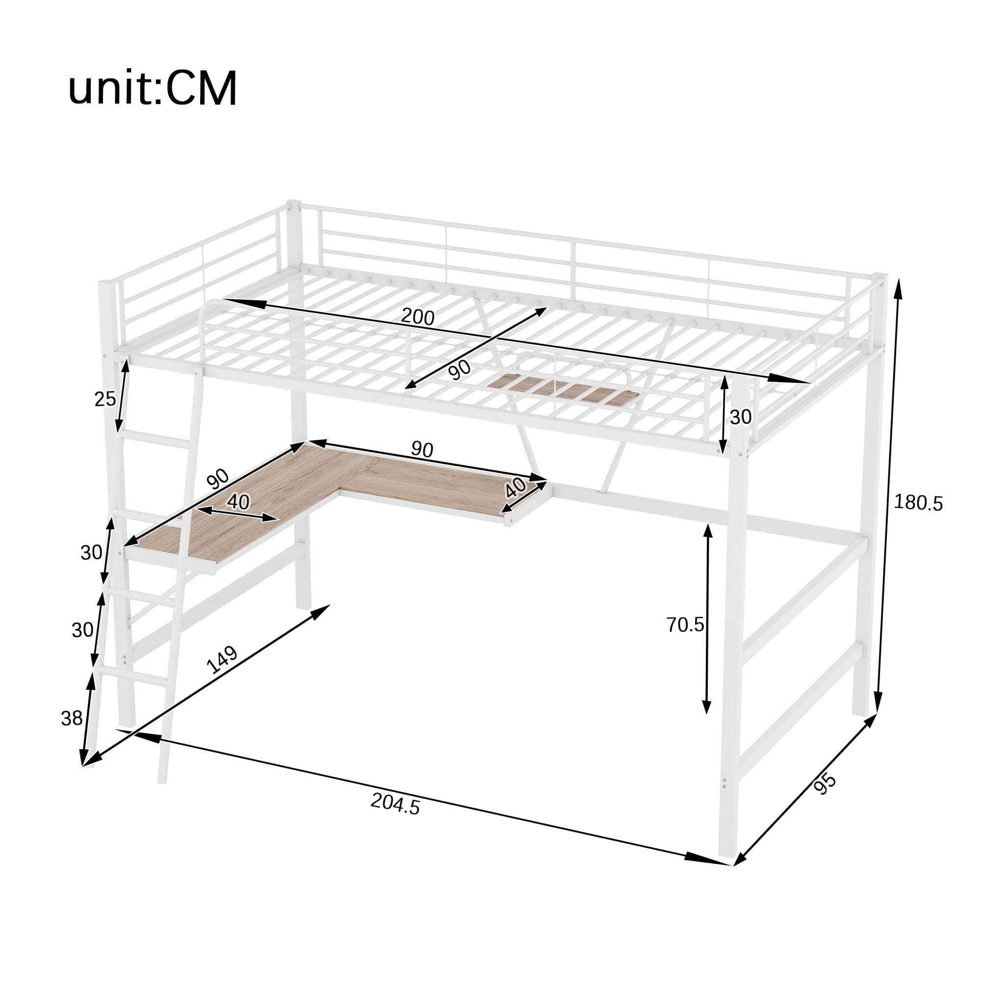 Ulife Loft Bed 90x200 with L-Shaped Desk & Shelf (White, Metal)