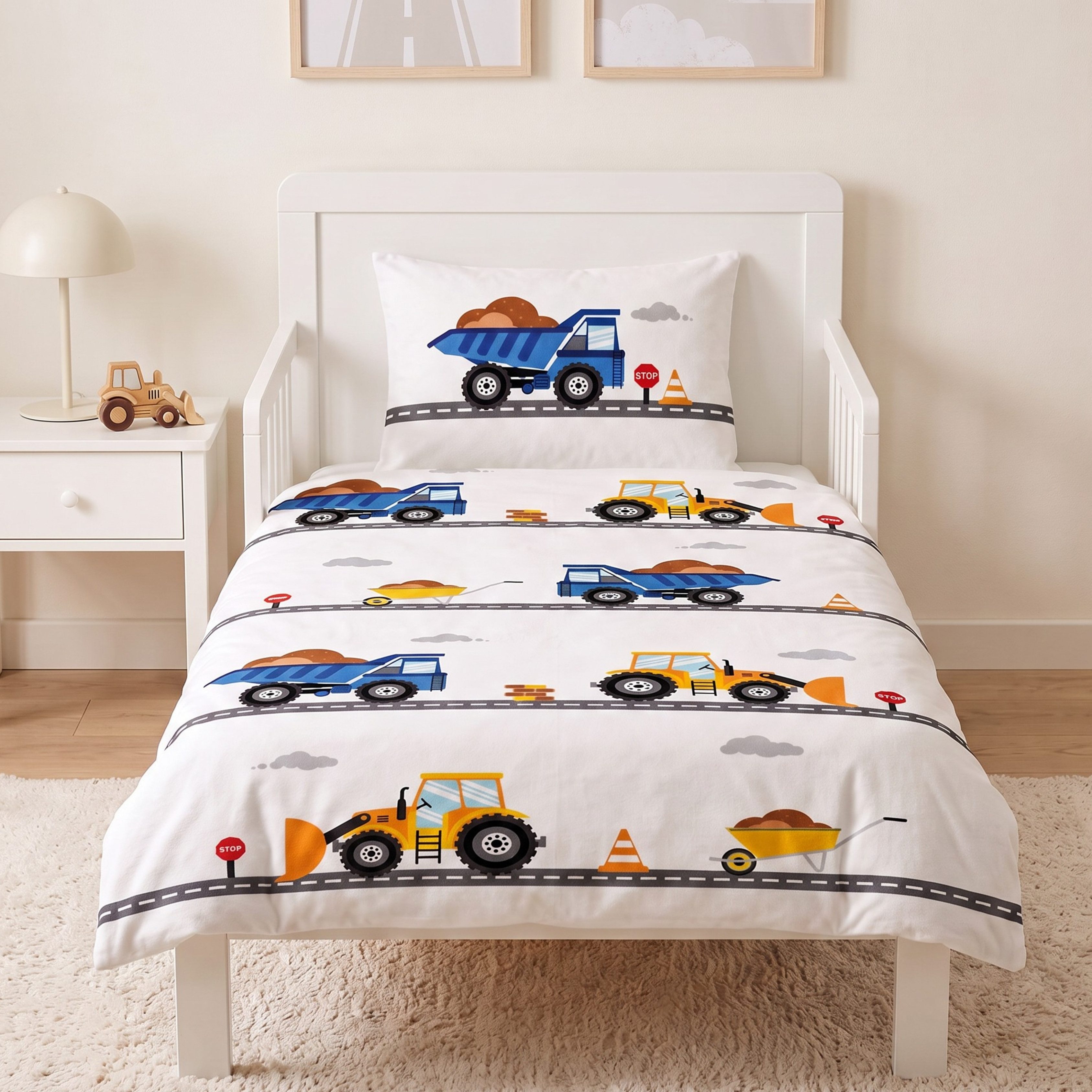 MTOnlinehandel Babybettwäsche Bagger 100x135 + 40x60 cm, 100 % Baumwolle Flanell, Biber, 2 teilig, Fahrzeuge, Baustelle Kinderbettwäsche für Babys und Kleinkinder