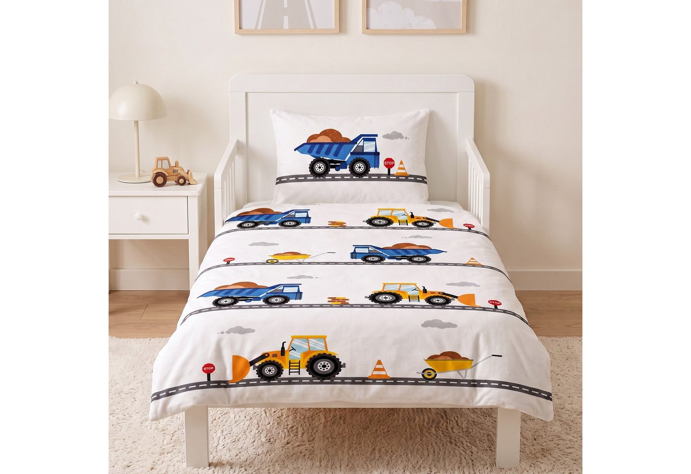 MTOnlinehandel Babybettwäsche Bagger 100x135 + 40x60 cm, 100 % Baumwolle Flanell, Biber, 2 teilig, Fahrzeuge, Baustelle Kinderbettwäsche für Babys und Kleinkinder