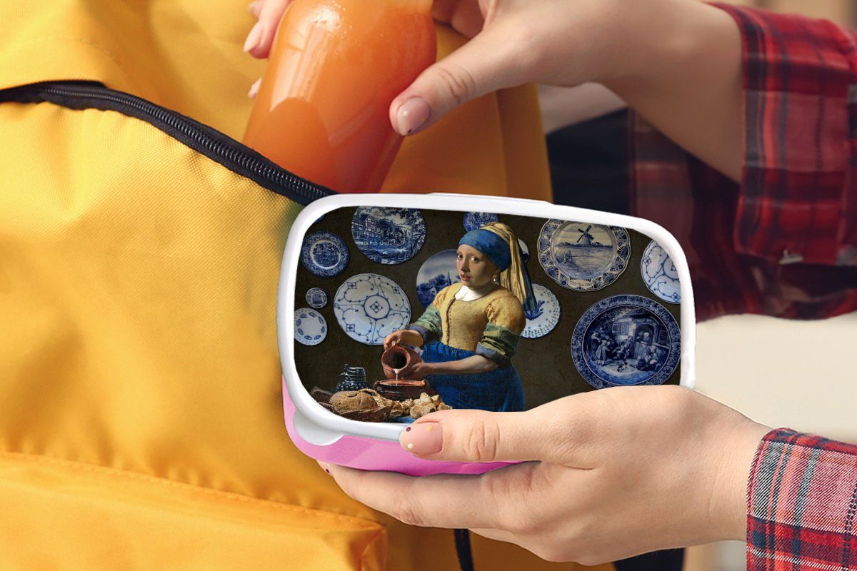 MuchoWow Lunchbox Mädchen mit Perlenohrring - Delfter (2-tlg), rosa Kunststoff, Snackbox, Milchmädchen Kunststoff Mädchen, Blau, - für Kinder, Brotbox Brotdose Erwachsene