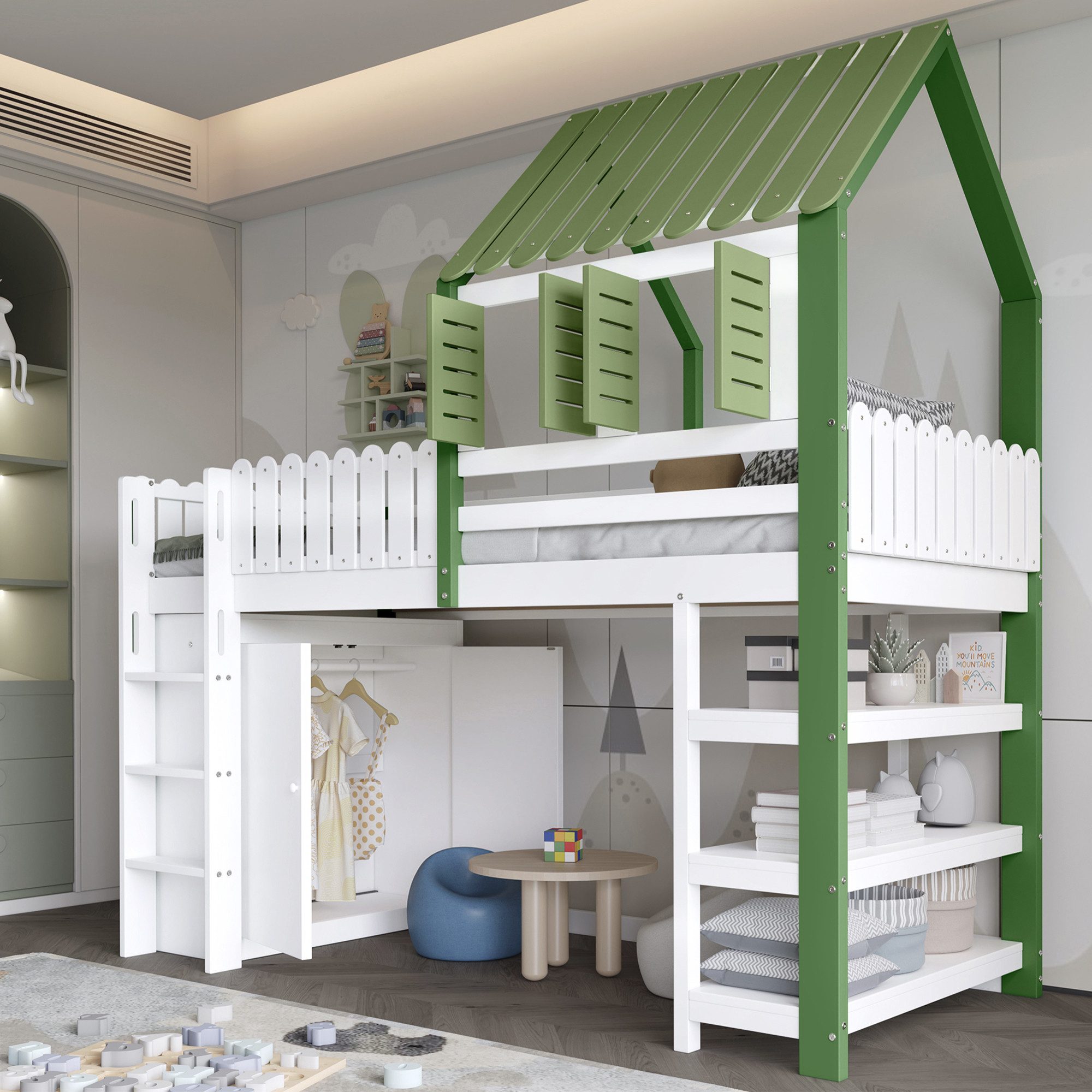 Flieks Hochbett Kinderbett Hausbett 90x200cm mit Kleiderschrank und Staurau günstig online kaufen