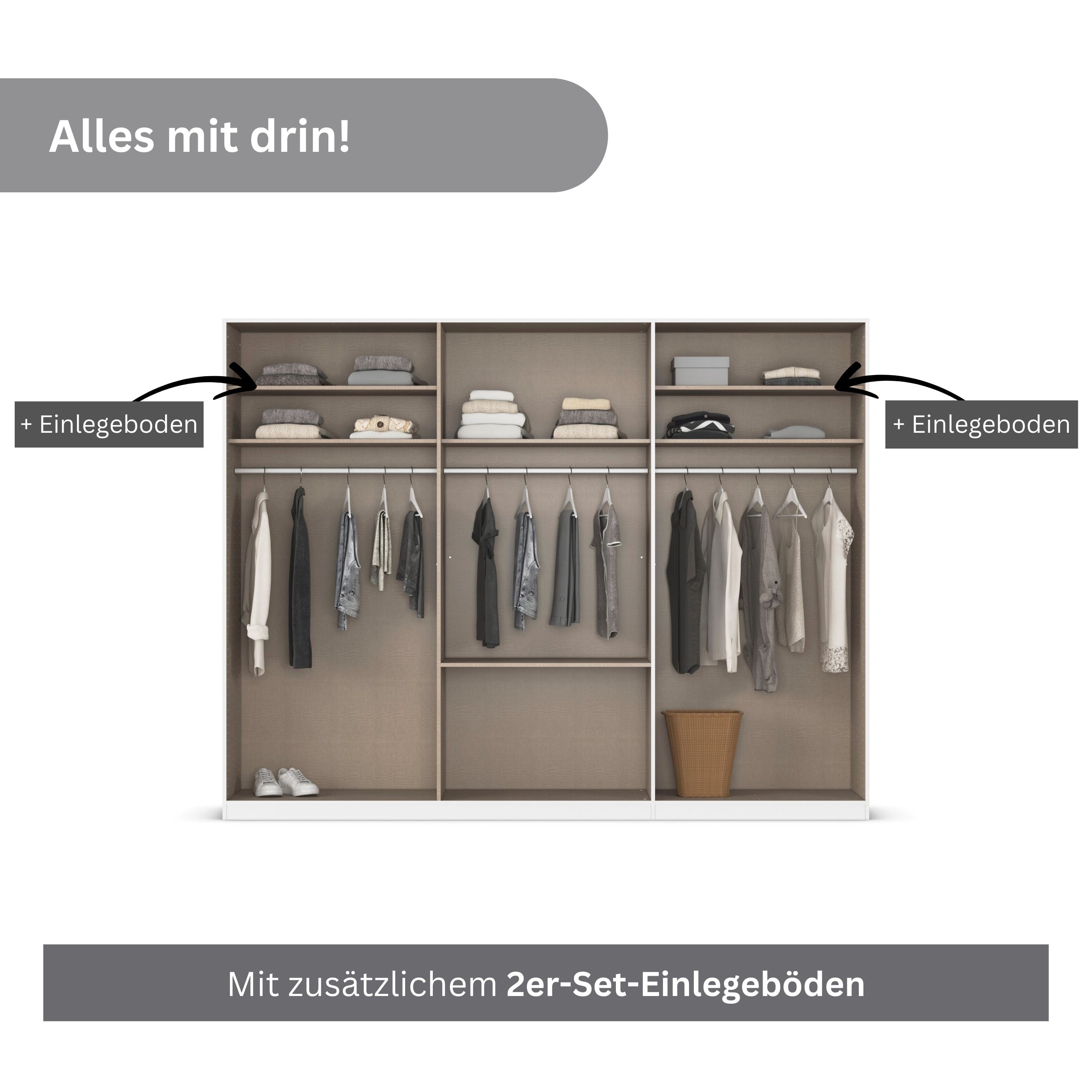 OTTO home Drehtürenschrank Kleiderschrank Schrank Garderobe AGORDO mit Dekor- oder Hochglanzfront (in zwei Griff-Farben, Breite 271 cm) mit Außenschubkästen, Serie in 7 Breiten und 2 Höhen MADE IN GERMANY