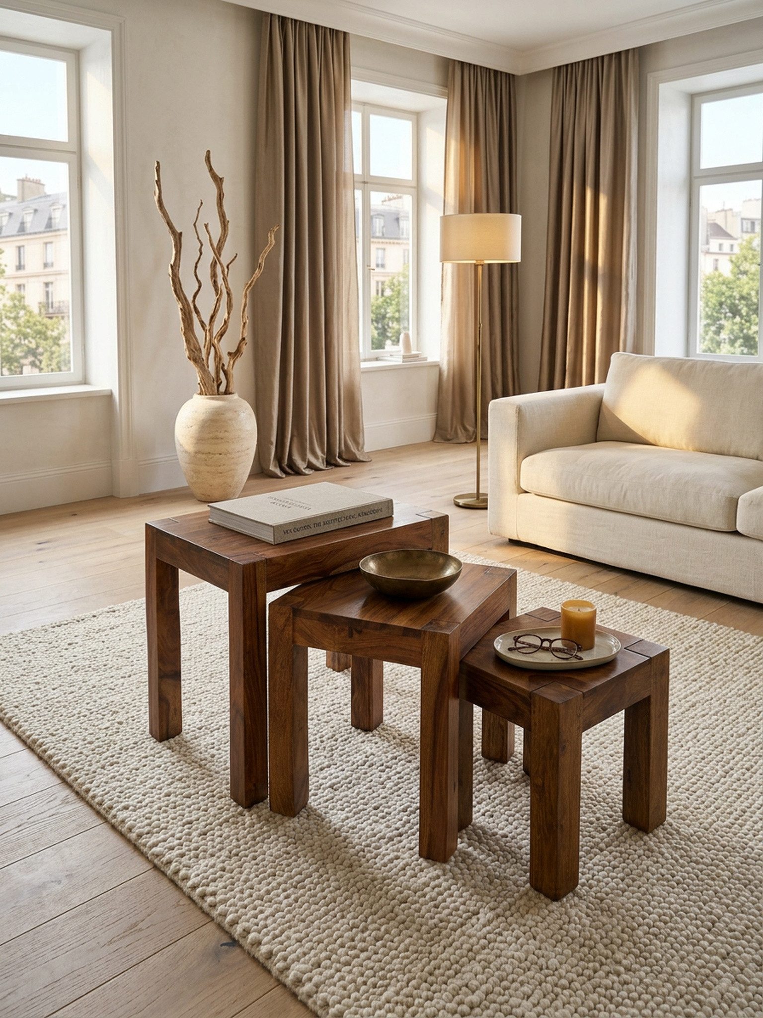 KADIMA DESIGN Satztisch 3er Set Satztisch Massiv-Holz Wohnzimmer-Tisch Landhaus-Stil Modern, Beistelltisch dunkel-braun Naturholz