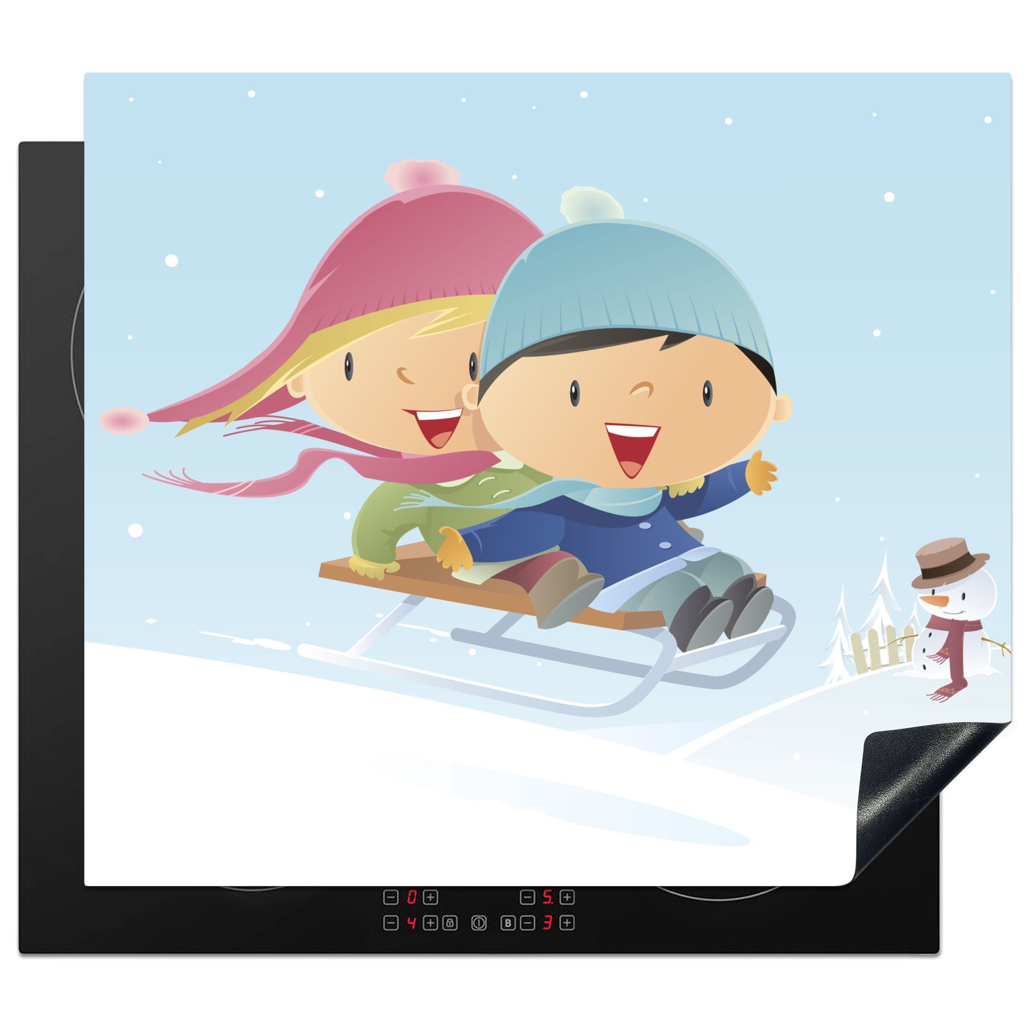 MuchoWow Herdblende-/Abdeckplatte Eine Illustration von zwei Kindern auf einem Schlitten im Schnee, Vinyl, (1 tlg), 57x51 cm, Induktionsschutz, Induktionskochfeld, Ceranfeldabdeckung