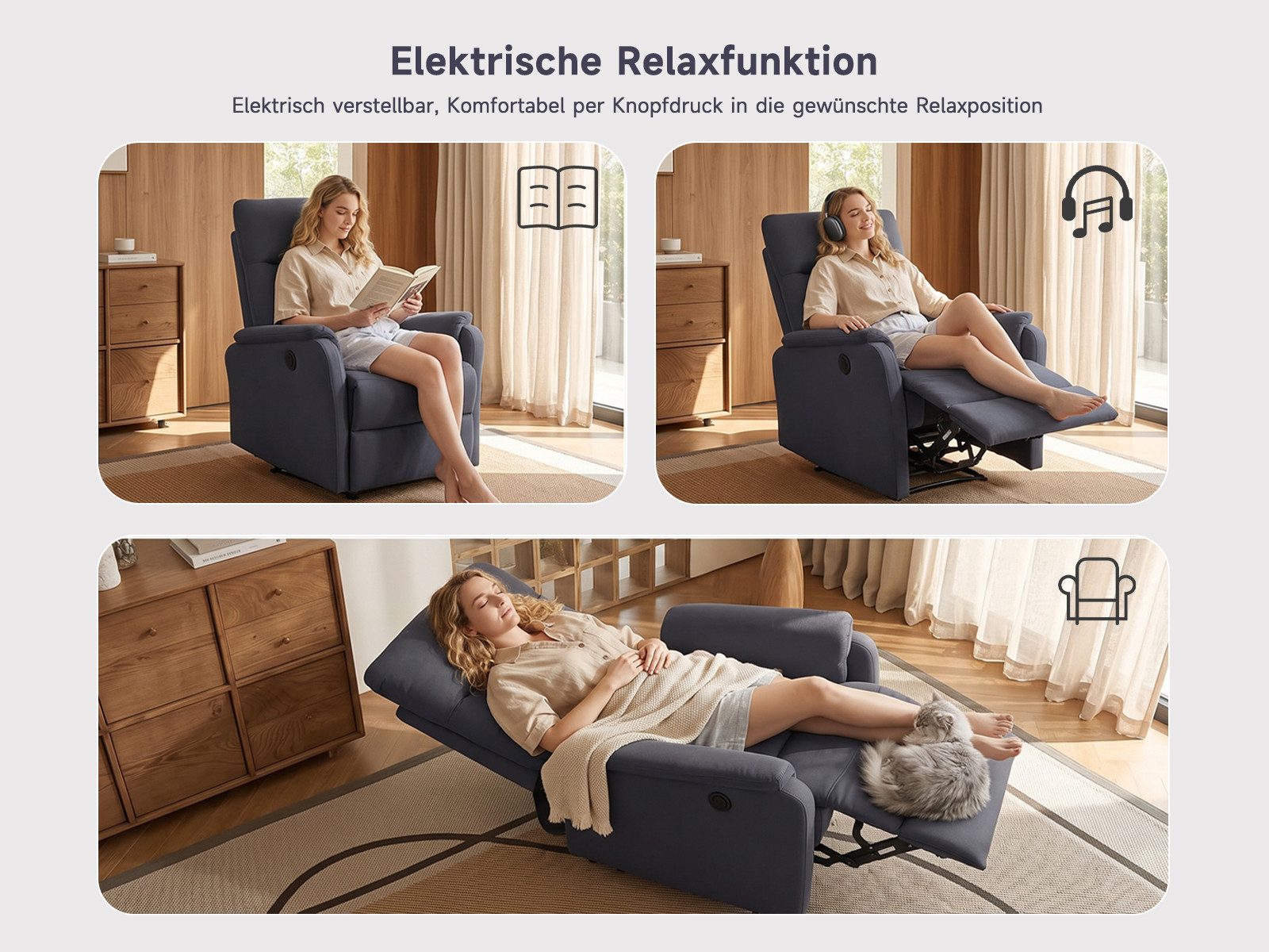 V6 Relaxsessel Elektrischer Relaxsessel mit Liegefunktion und Fußstütze, Anthrazit – Bild 4 von 5