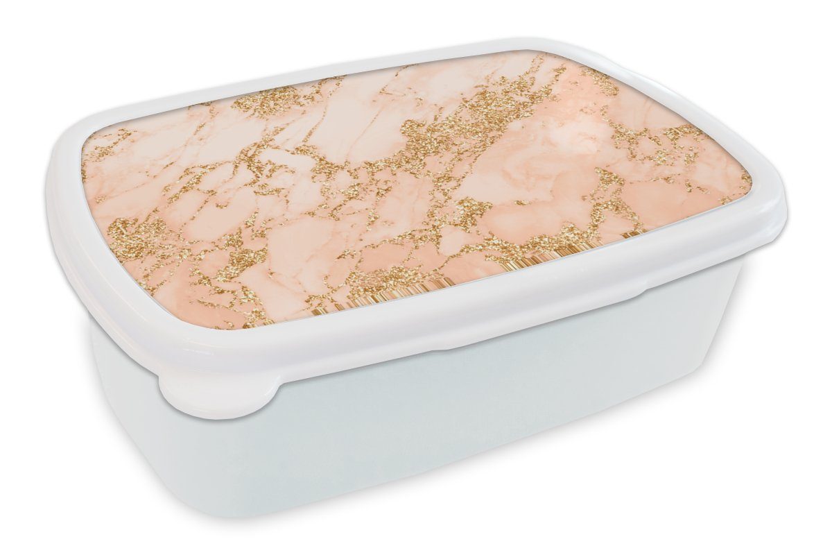 MuchoWow Lunchbox Marmor - Roségold - Glitzer, Kunststoff, (2-tlg), Brotbox für Kinder und Erwachsene, Brotdose, für Jungs und Mädchen weiß