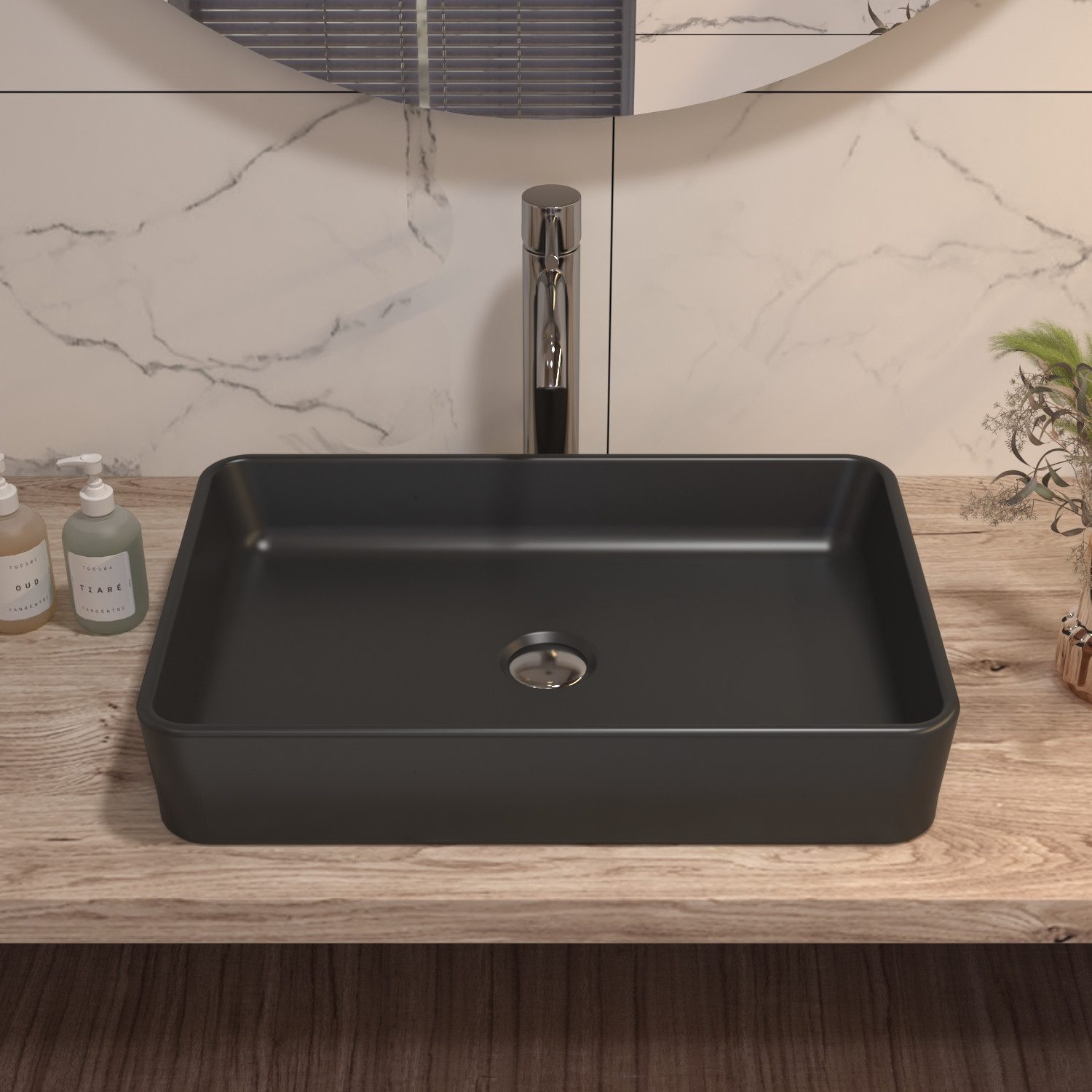 DeerValley Aufsatzwaschbecken Rechteckiges Keramik-Aufsatzbecken Schwarz/Weiß, 50.5x34cm (Packung, ohne Wasserhahn), Matte, Modern