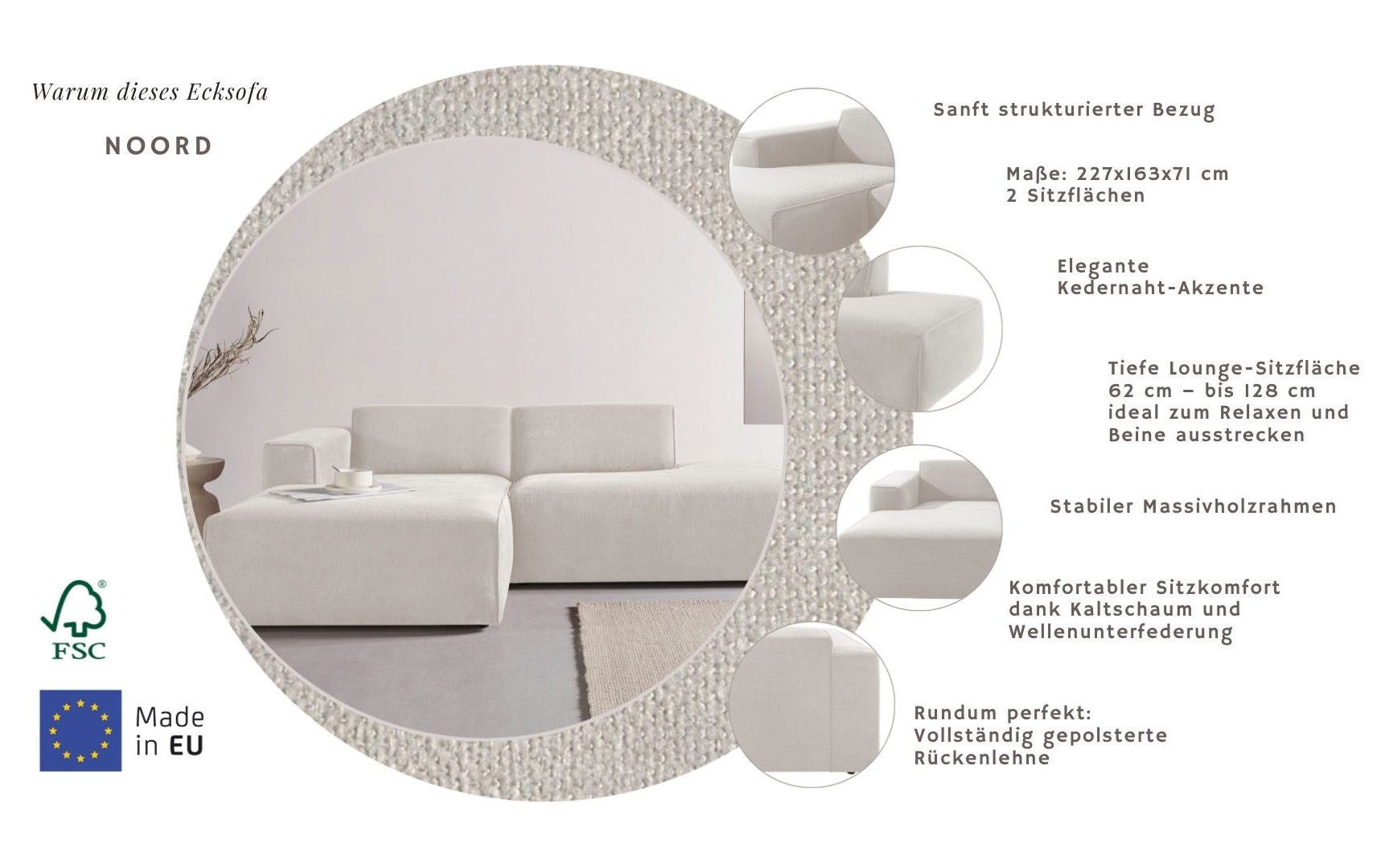 Home affaire Ecksofa Noord mit Kedernaht, Breite 227 cm, L-Form, mit Kedernaht, Breite 227 cm, Cord, Struktur