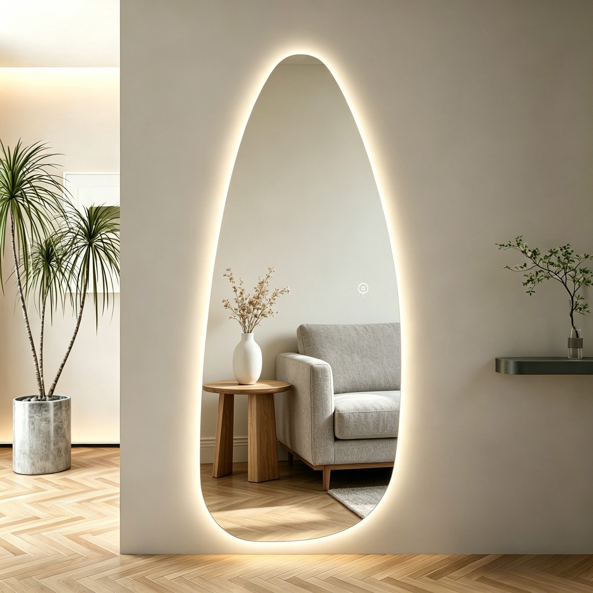 WDWRITTI Ganzkörperspiegel Rahmenlos Dekospiegel Wandspiegel asymmetrisch (Flurspiegel mit 3Lichtmodi, dimmbar, Speicherfunktion, 145 x 60 cm), mit Netzstecker