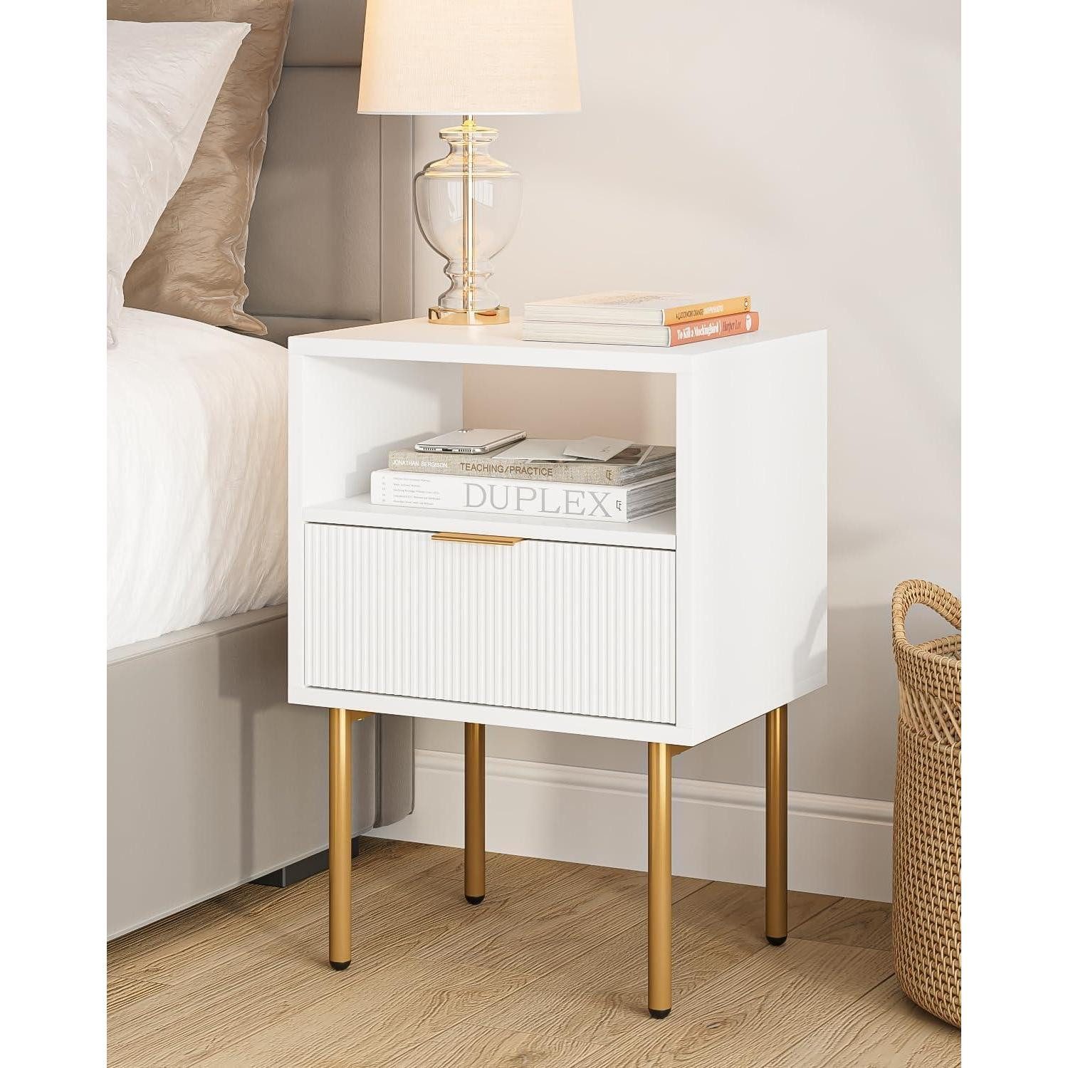 Nachttisch Nachtschrank Weiß Gold 1 Schublade Offene Ablage Modern