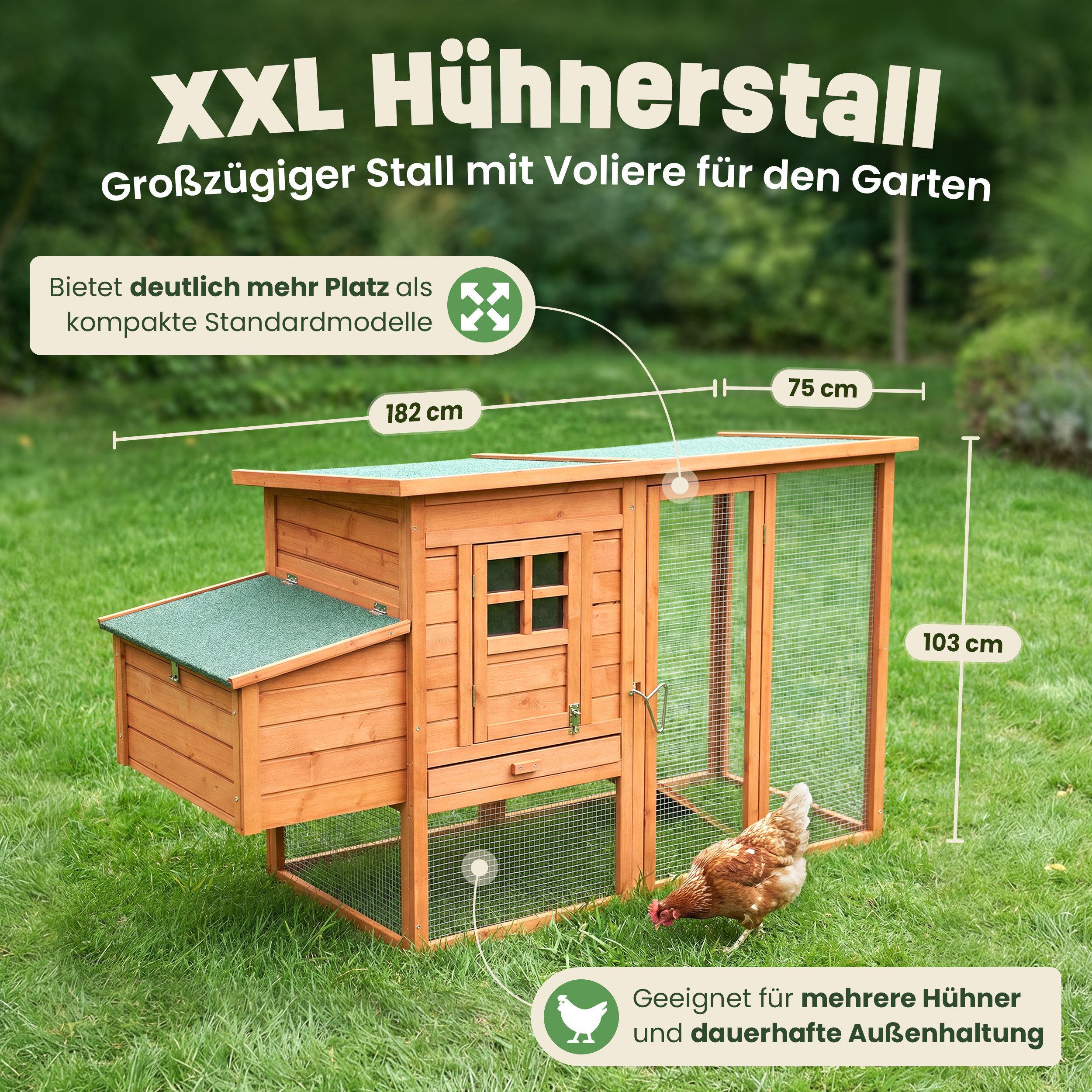 Zooprinz Hühnerstall Hühnerhaus Modell XXL mit Klappdach und Freilaufgehege, 182x103x75 cm (BxHxT), Bitumendach, Nistkasten
