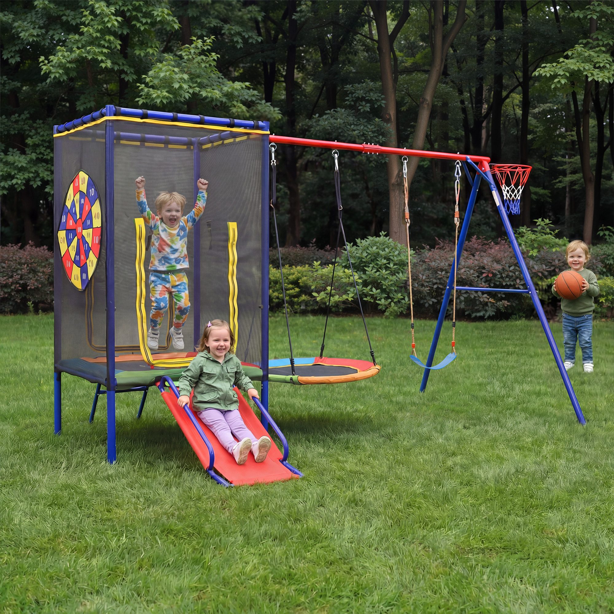 BlingBin Schaukelkombination 5in1 Outdoor Spielplatz Kinder, (1-tlg., Kinder Garten Spielgerät mit Sicherheitsnetz für 3–8 Jahre), Trampolin, Rutsche, Doppelschaukel & Basketballkorb, inkl. Bodenanker