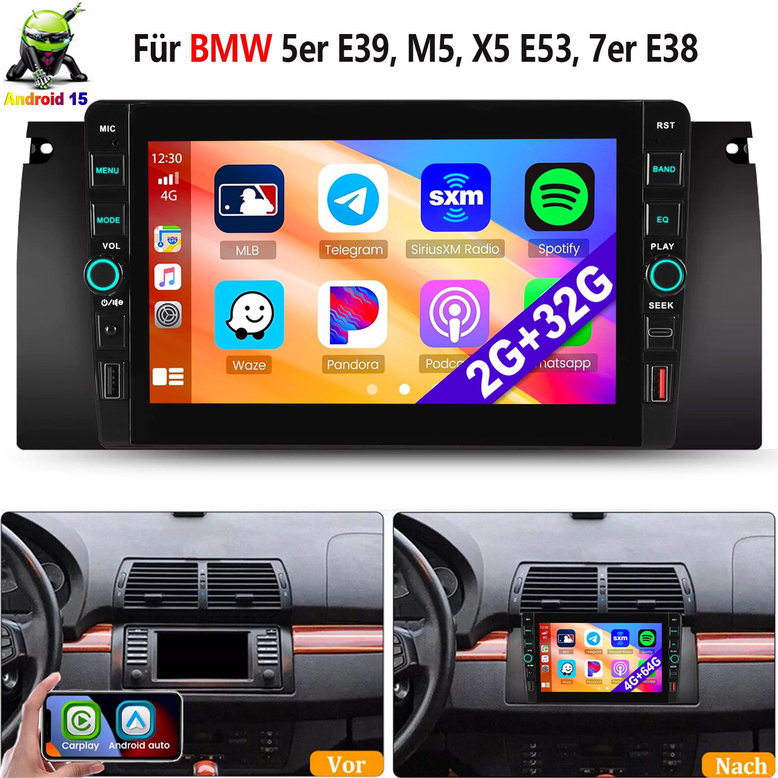 ESSGOO Für BMW E38 E39 X5 E53 Android 15 Carplay Autoradio mit GPS USB Type-C Autoradio (RDS, 4+64GB(optional), Digitalradio (DAB), FM, DAB+ (optional), Carplay Android Auto Bluetooth EQ USB GPS Navi WIFI Touchscreen)