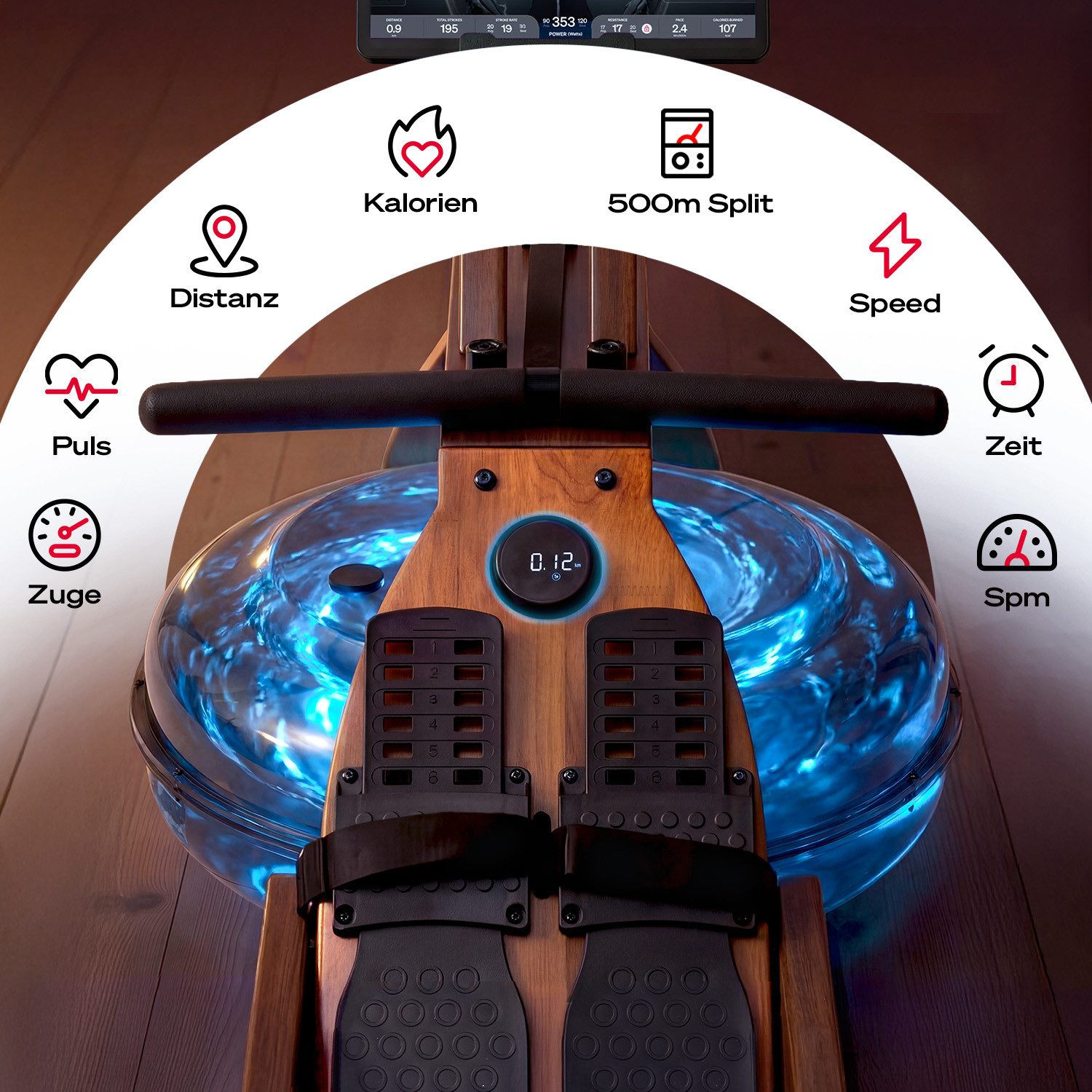 Sportstech Rudergerät WRX500, Smart LED Knob-Display Transportrollen