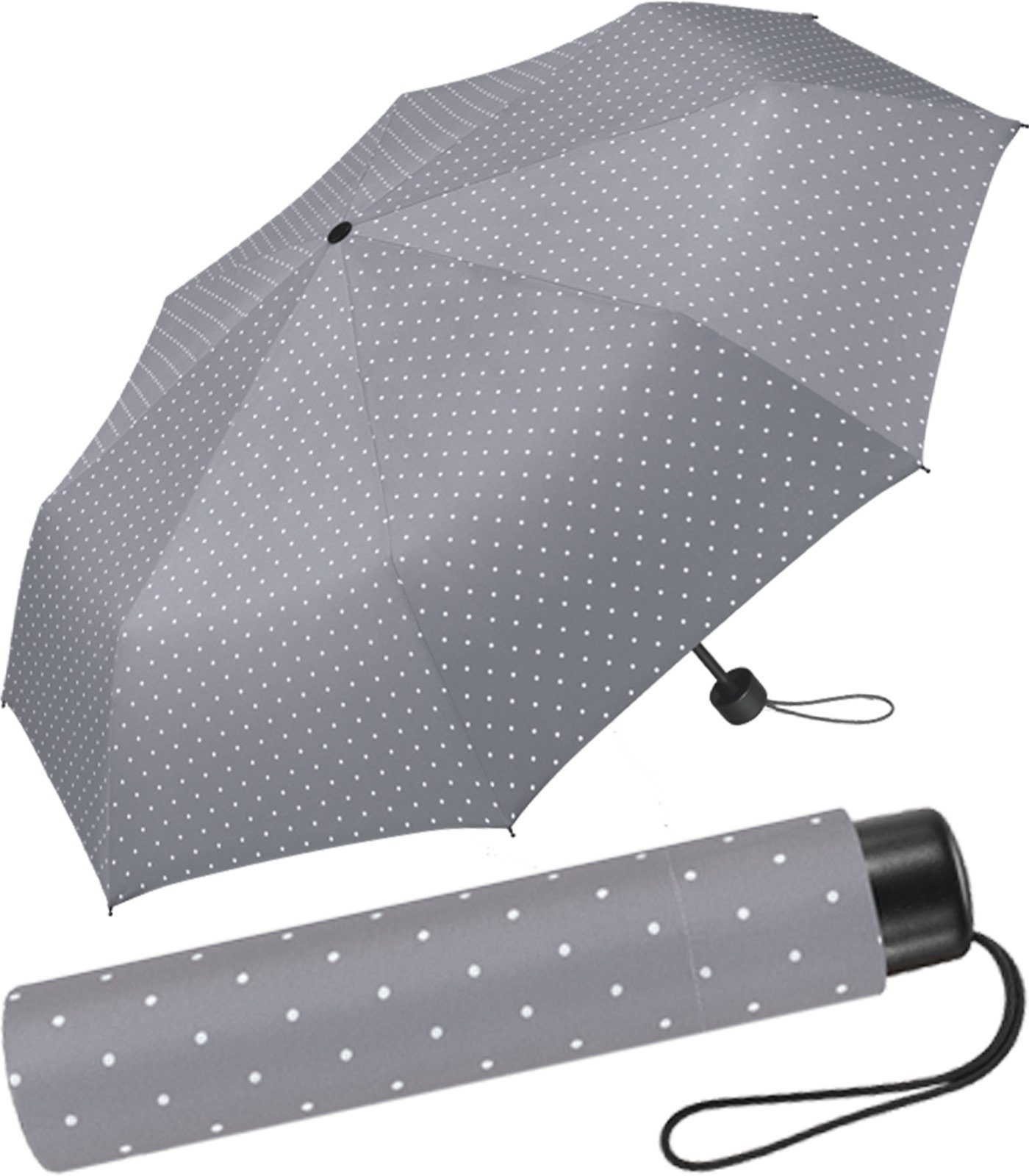 HAPPY RAIN Taschenregenschirm schöner Regenschirm Handöffner für Damen, in vielen Farben mit kleinen Punkten - grau