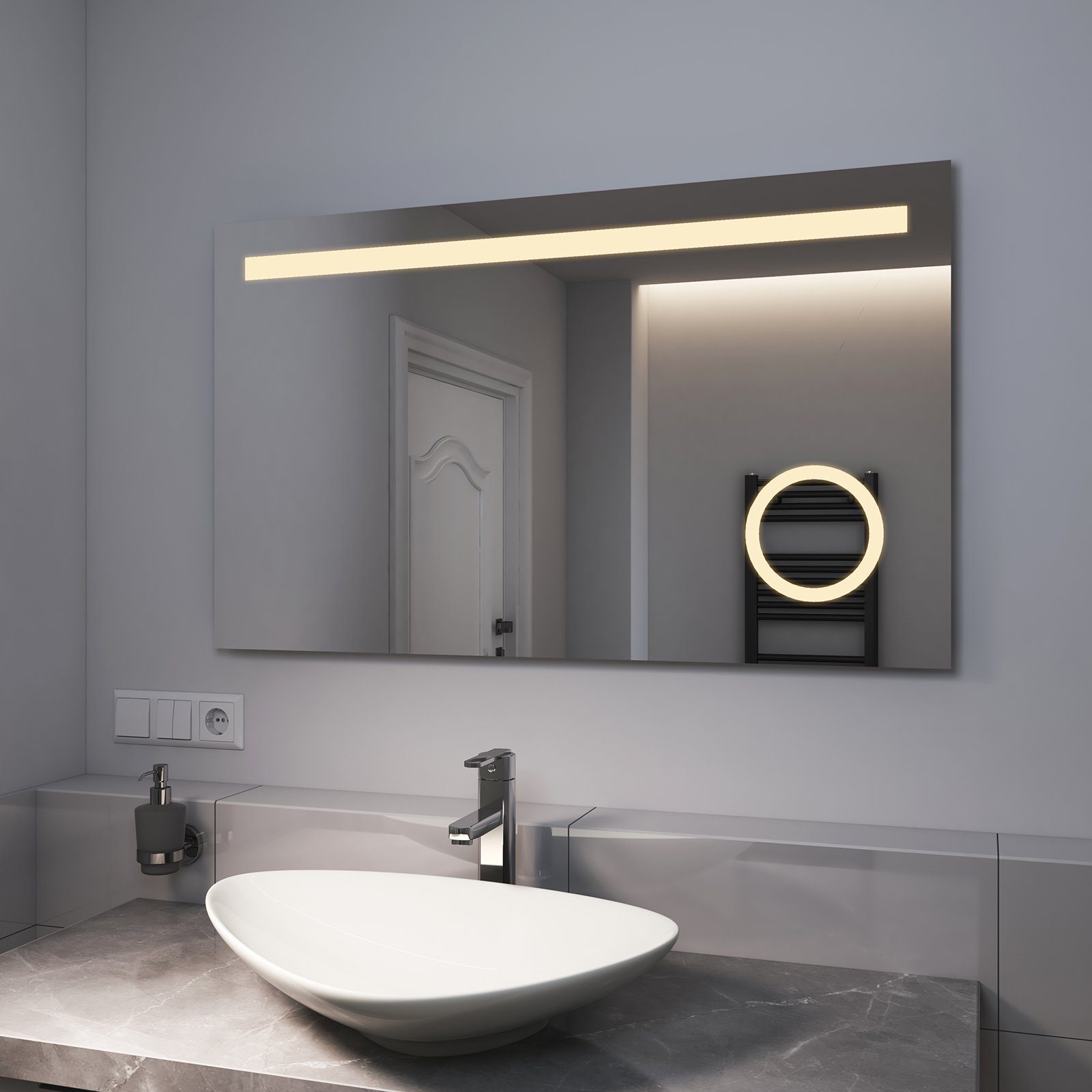 EMKE Badspiegel EMKE LED Badspiegel mit Beleuchtung, LED Wandspiegel, mit Taste und Beschlagfrei, 2 Lichtfarbe Warmweiß/Kaltweiß | Badspiegel