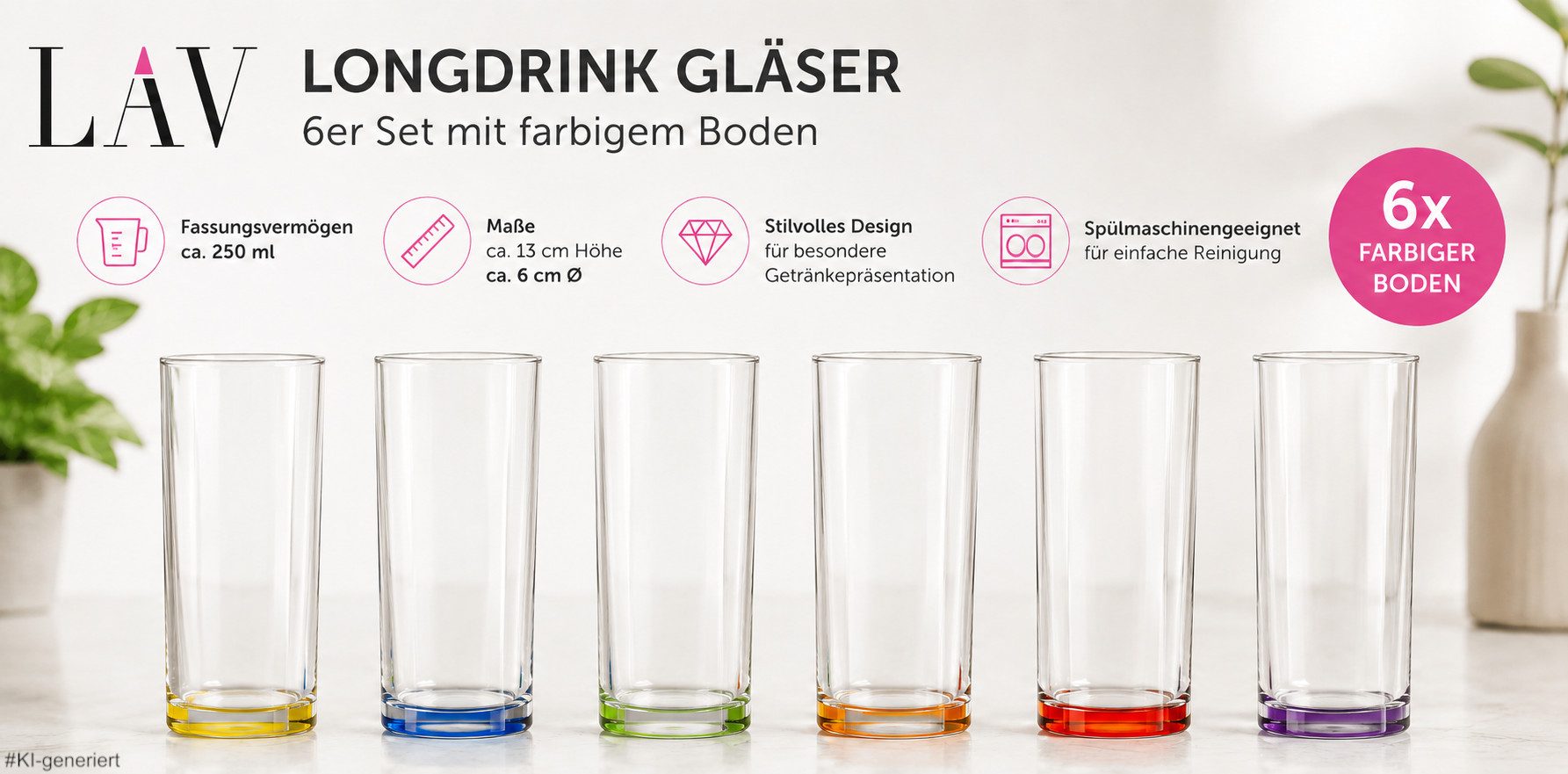 LAV Gläser-Set Longdrink 6 Stück farblich sortiert