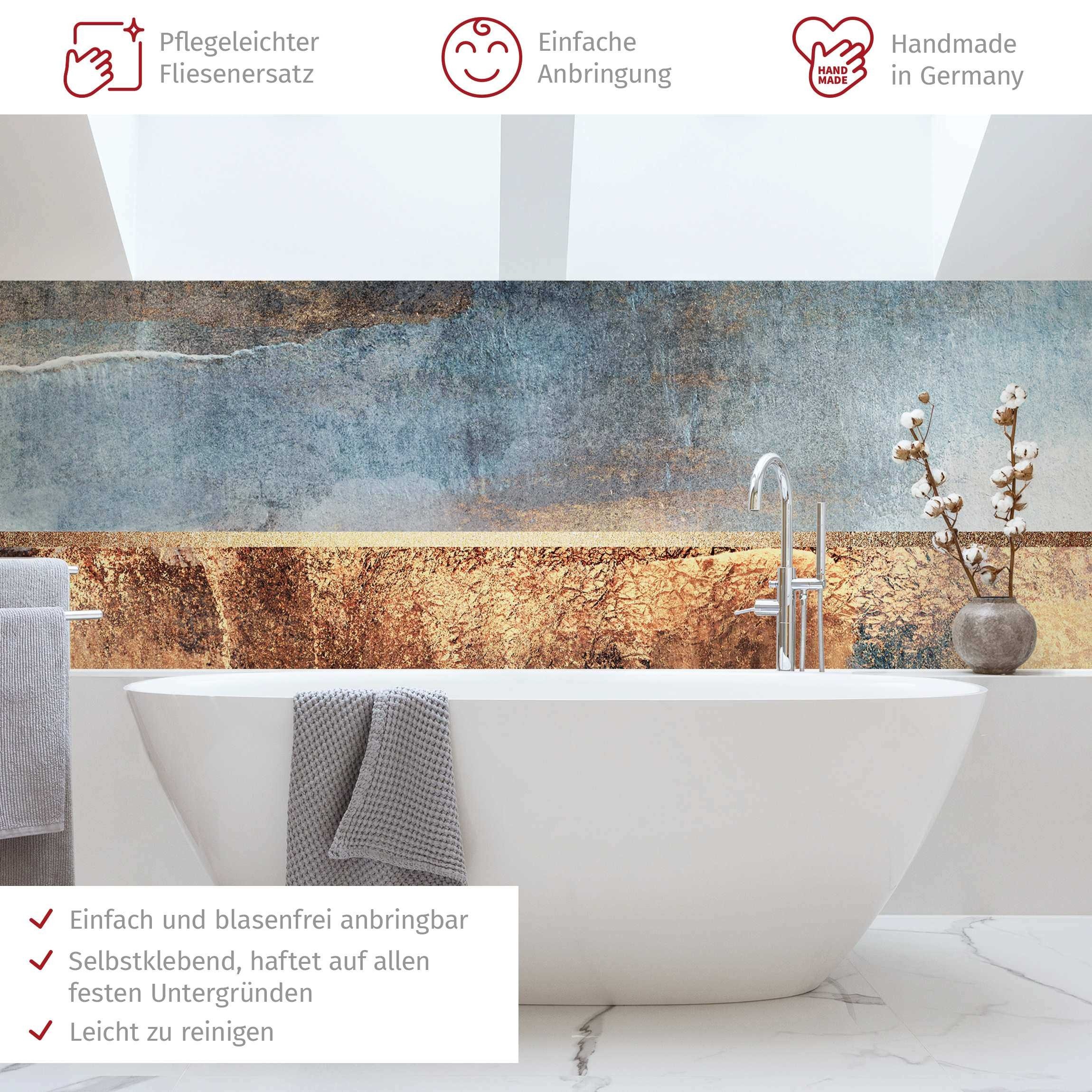 Bilderdepot24 Badrückwand gold fugenlose Wandverkleidung Bad Abstrakt, (Hartfolie matt » Selbstklebend SMART 0,35 mm), wasserfestes Wandpaneel Abstraktes Seeufer Gold