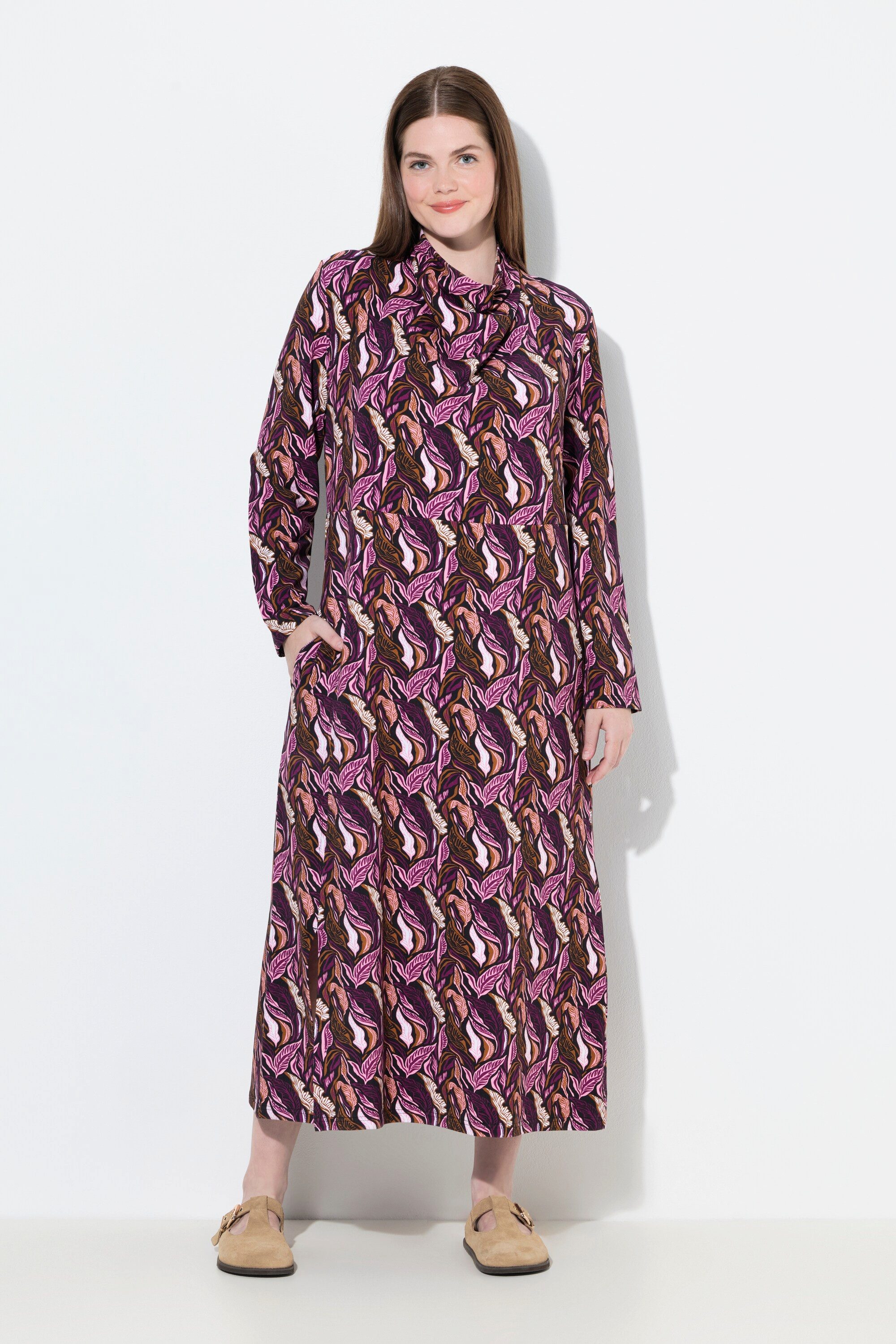 Midikleid Sweatkleid Wasserfall-Ausschnitt Langarm