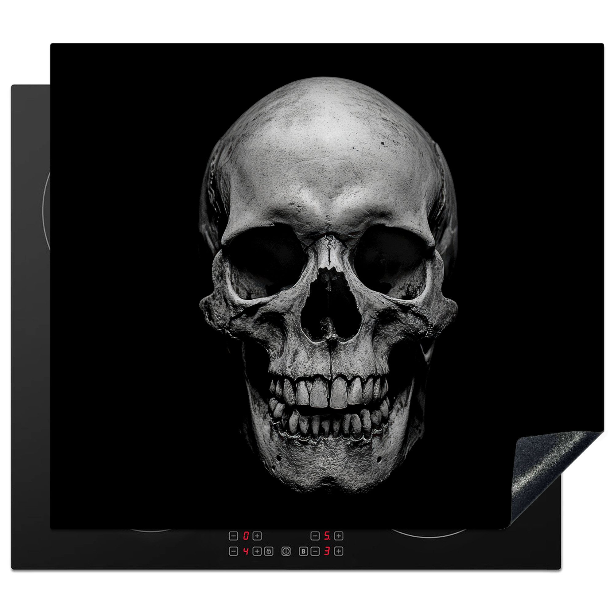 MuchoWow Herd-Abdeckplatte Totenkopf - Schwarz - Totenkopf - Weiß, Vinyl, (1 tlg), Ceranfeldabdeckung Küche, Herdabdeckplatte Einteilig, 59x51 cm