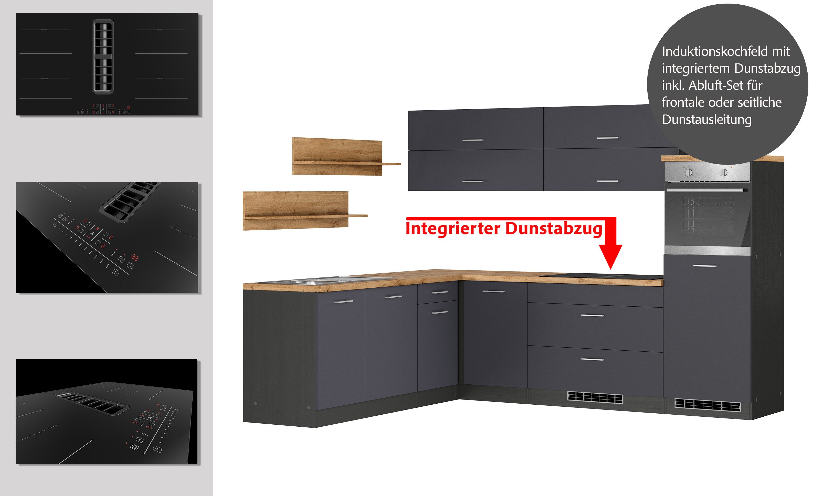 KOCHSTATION Winkelküche KS-Milan, optional mit Muldenlüfter, Stellbr.270/220 cm, wahlweise mit E-Geräten, Kochfeld mit Dunstabzug