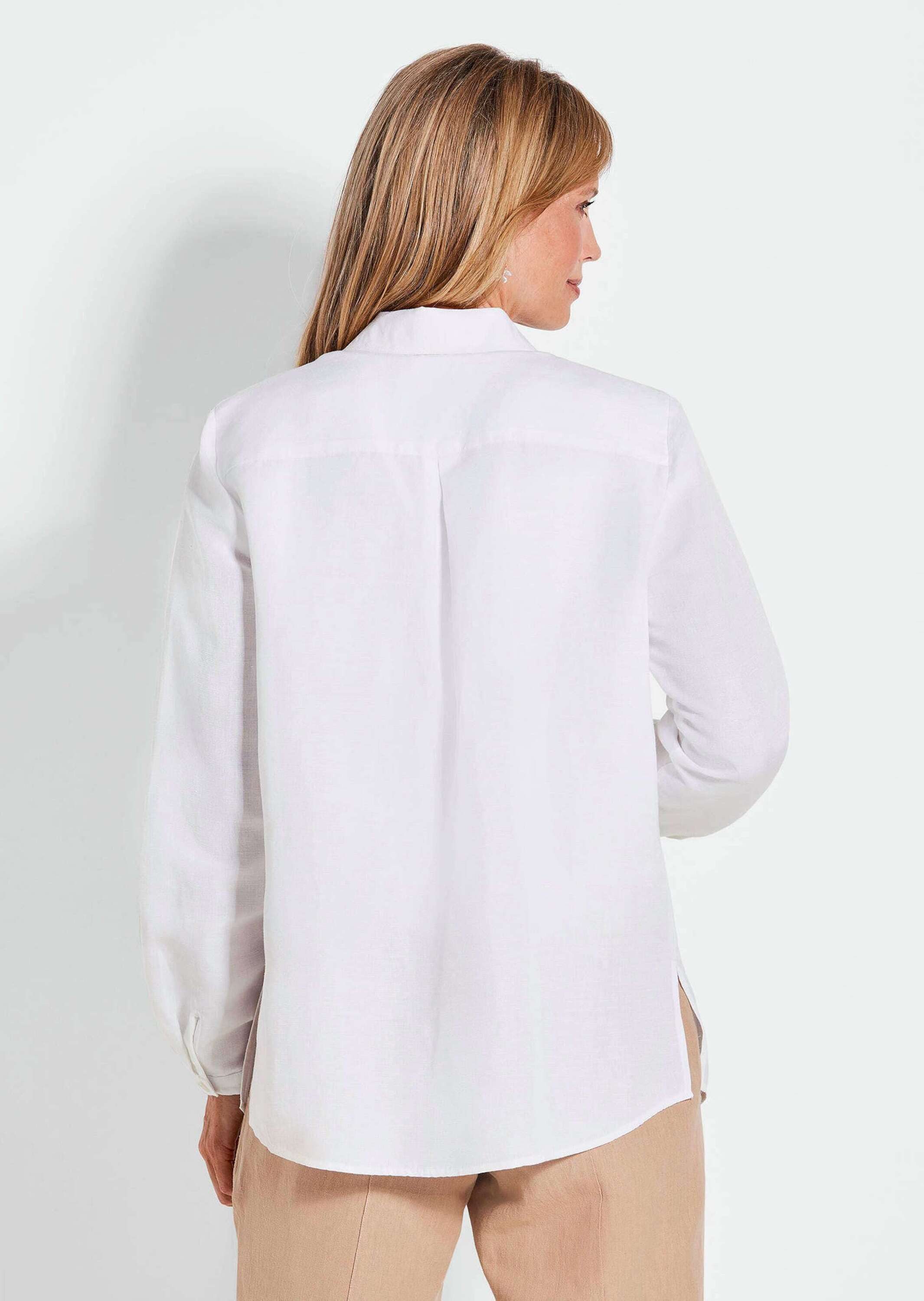 GOLDNER Hemdbluse Kurzgröße: Weiße elegante Bluse aus Leinen Ausgefallene Bluse mit Verzierungen, Uni weiß, Langarm
