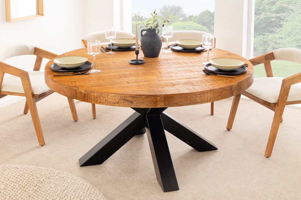 riess-ambiente Esstisch THOR 140cm natur/schwarz - Mangoholz, Sterngestell, Massivholz, rund (Einzelartikel, 1-St), Rustikaler Wohnzimmertisch - ideal für Küchen, Lofts oder Essbereiche