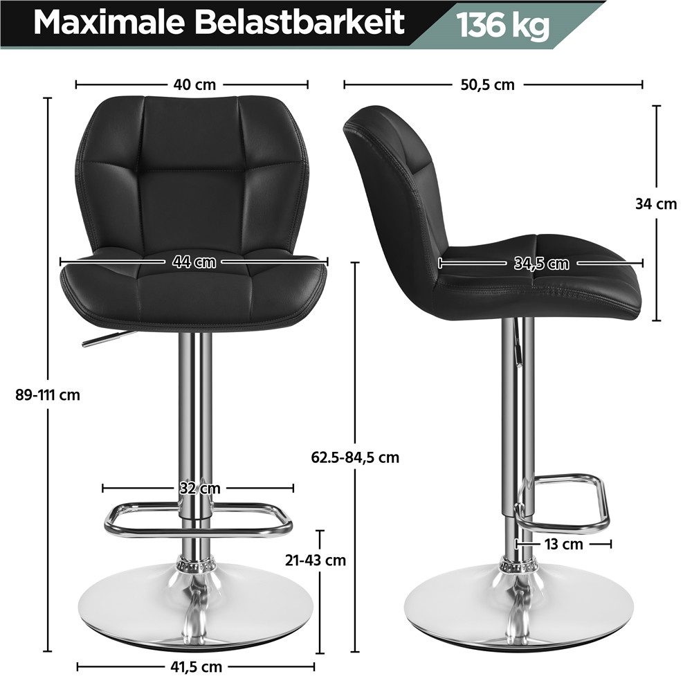 Yaheetech Barhocker 360° Drehbare Hocker mit Fußstütze (6 St), 1/2/4/6er-Set Barstühle Küchenstühle Bistrohocker höhenverstellbar – Bild 4 von 5