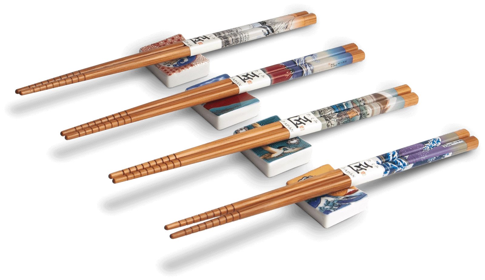 WestCraft Essstäbchen Essstäbchen Set Asiatica, 4 Paar Holz-Essstäbchen mit Keramik-Ablagen, Japan taditionell & Blue Waves, Hochwertiges Chopstick-Set für Sushi