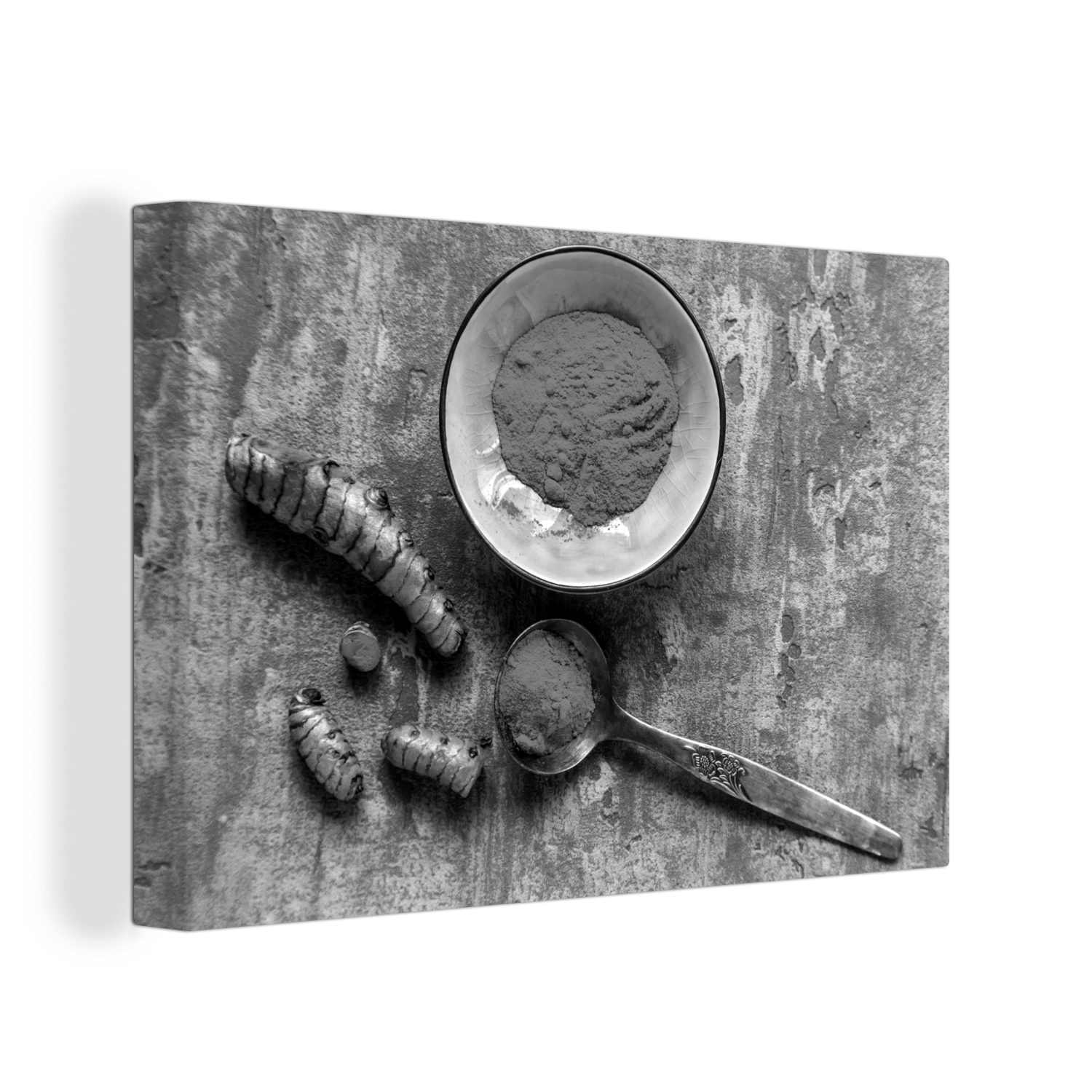 OneMillionCanvasses® Leinwandbild Dekorative Schale auf einem Steintisch mit Kurkuma - schwarz und weiß, (1 St), Wandbild Leinwandbilder, Aufhängefertig, Wanddeko, 30x20 cm