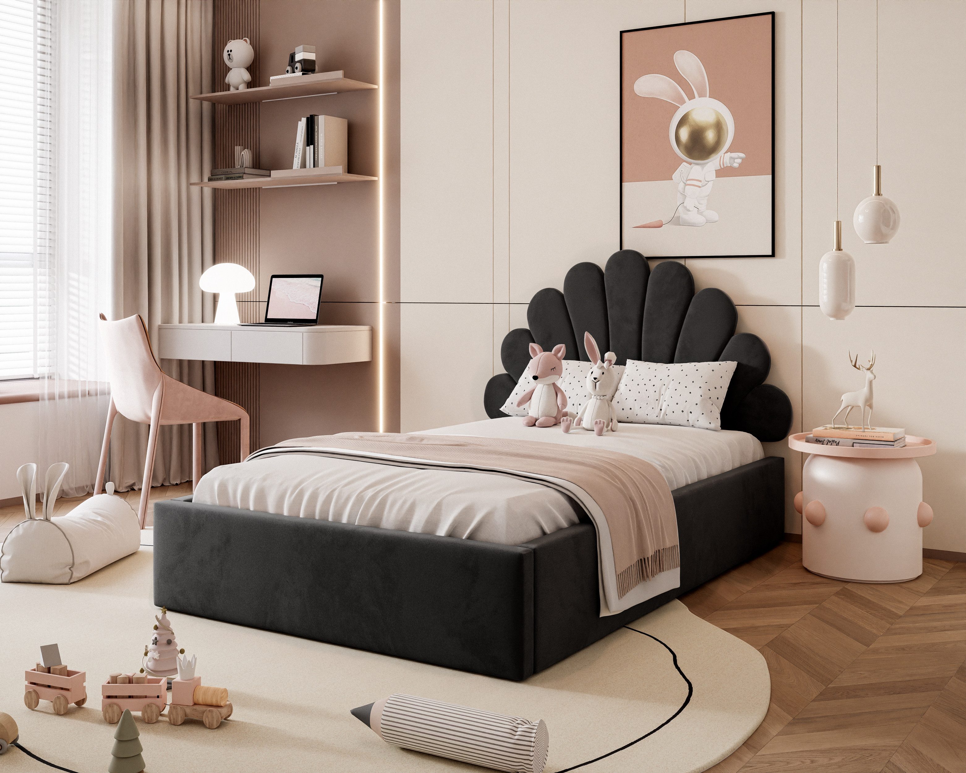 Lookway Polsterbett ASHLEY mit Muschel-Kopfteil und Bettkasten (Bett mit Metallgestell), 4 Größen und Farben