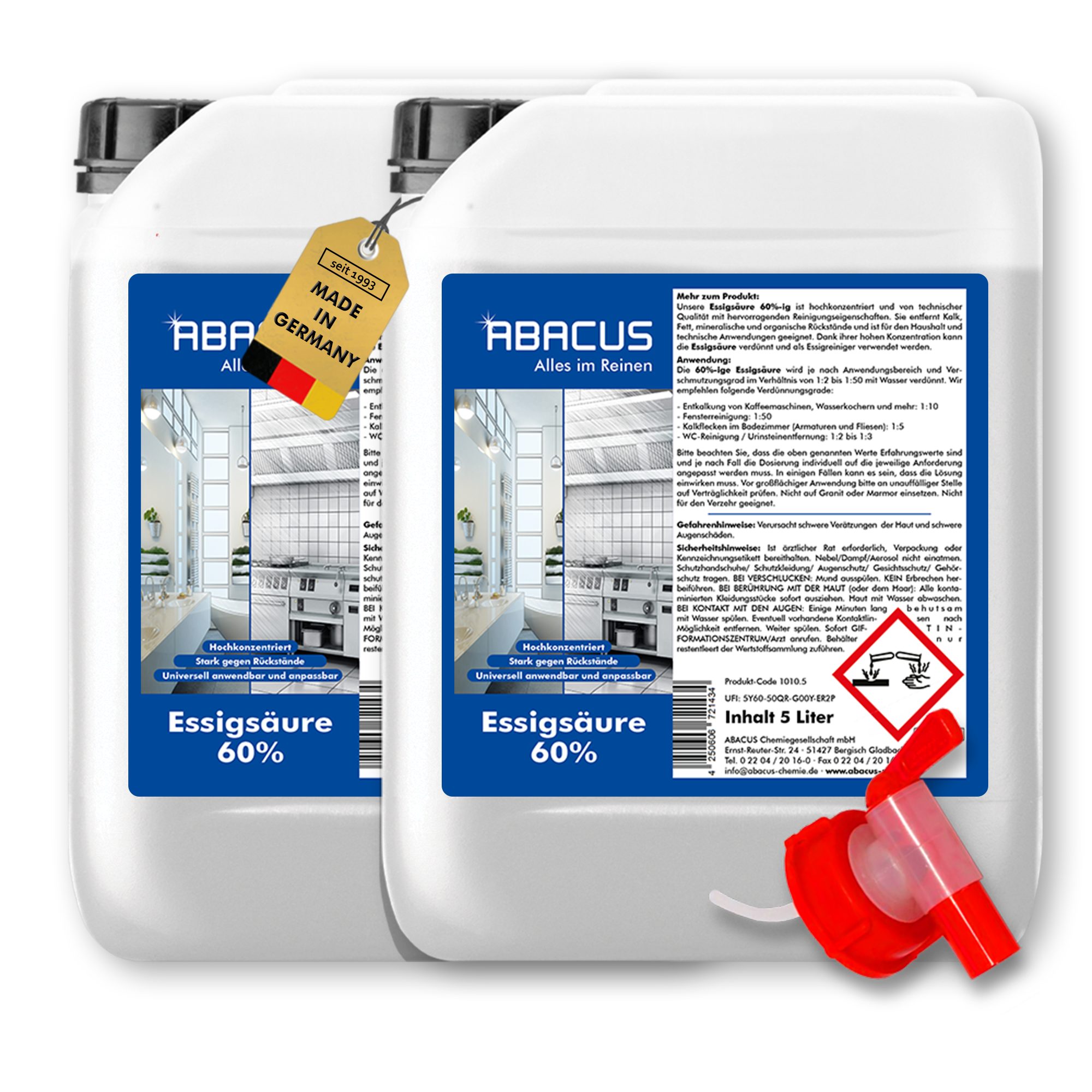 ABACUS Essigsäure 60% Hochkonzentriert für Haushalt, Garten & Industrie Essigreiniger (Vielseitig einsetzbar als Essigreiniger zum Reinigen & Entkalken Individuell verdünnbar)
