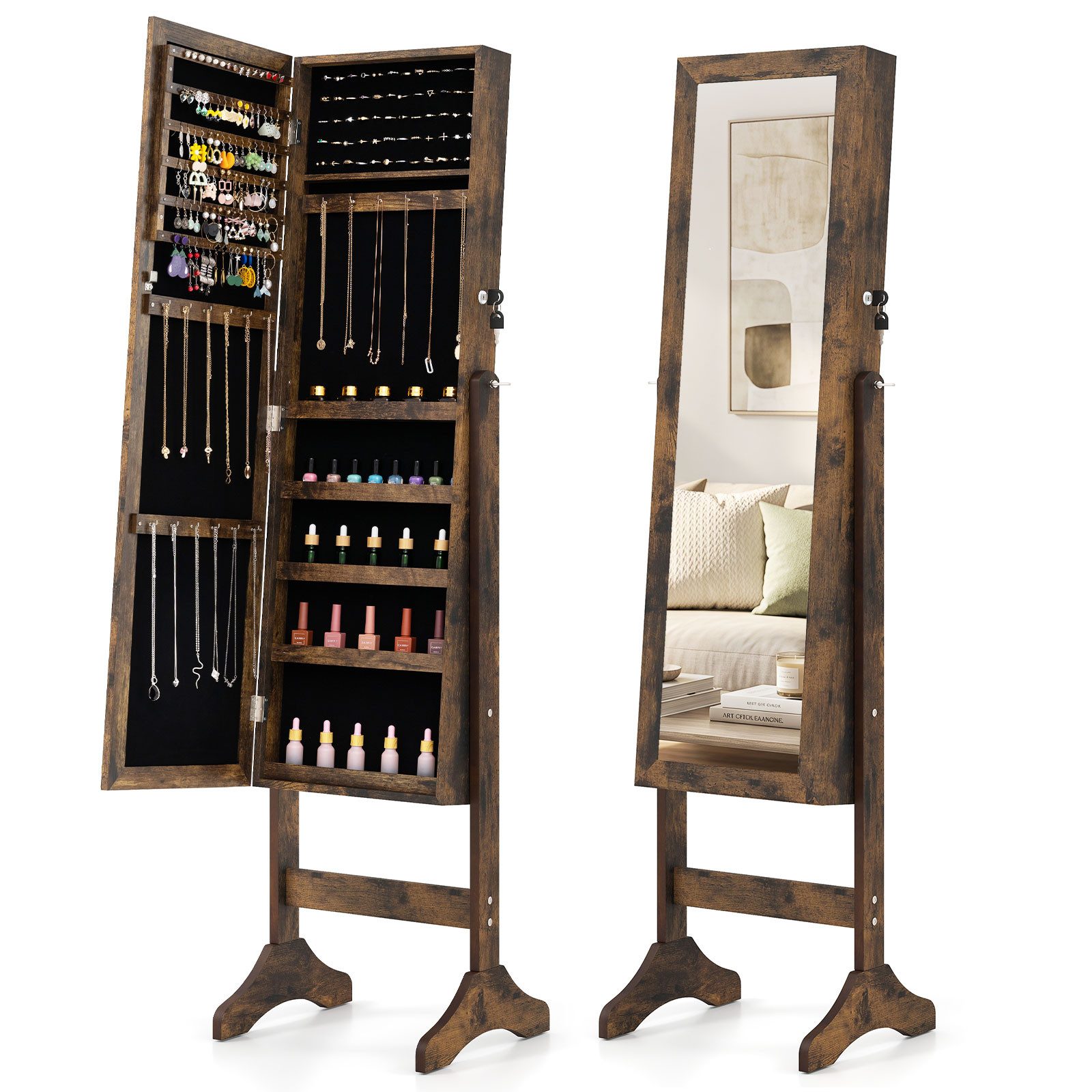 COSTWAY Schmuckschrank mit Spiegel abschließbar Spiegelschrank 40x36x156cm