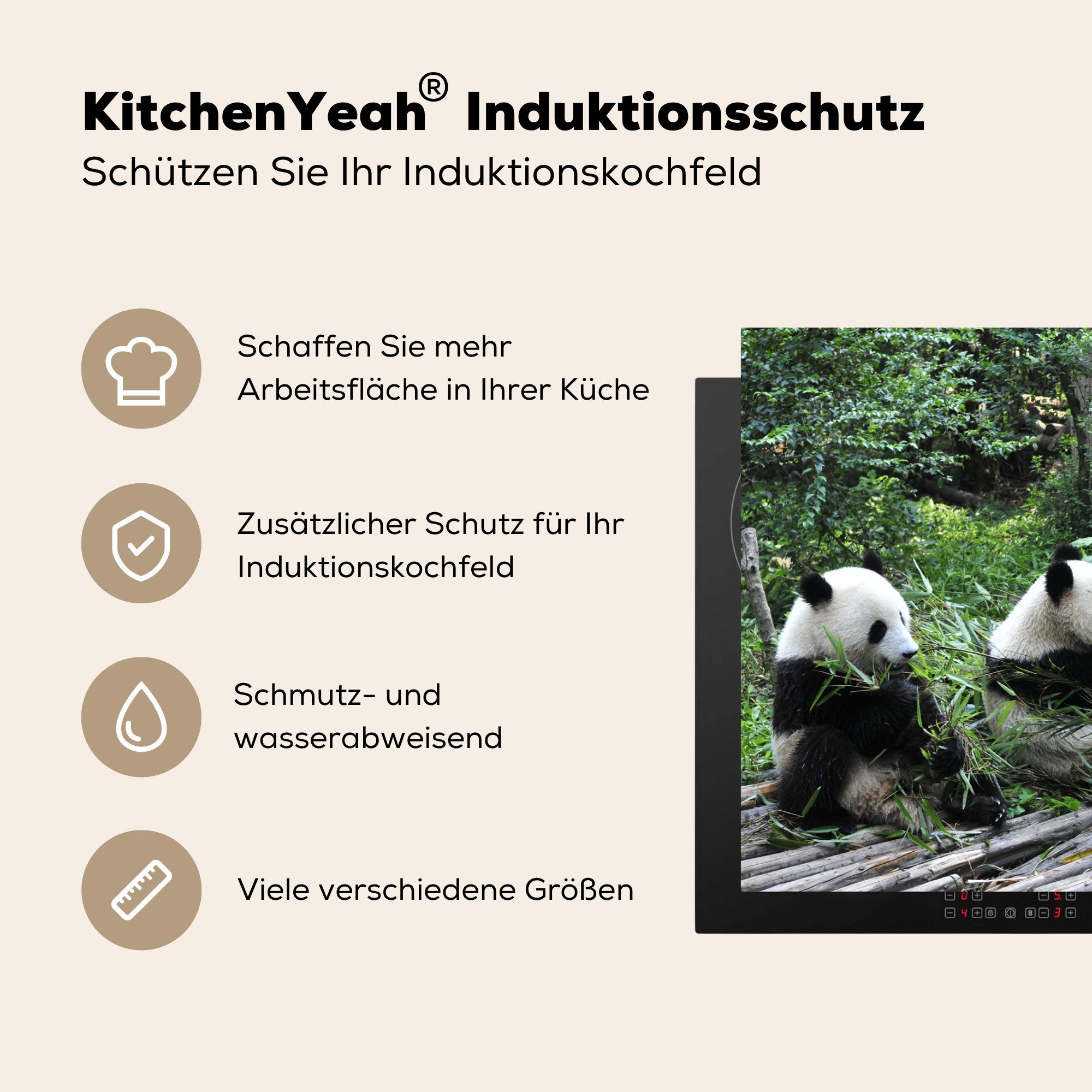 Herdblende-/Abdeckplatte Vinyl, 81x52 die küche, Induktionskochfeld Ceranfeldabdeckung für - tlg), MuchoWow Bambus, Natur Schutz cm, - Panda (1