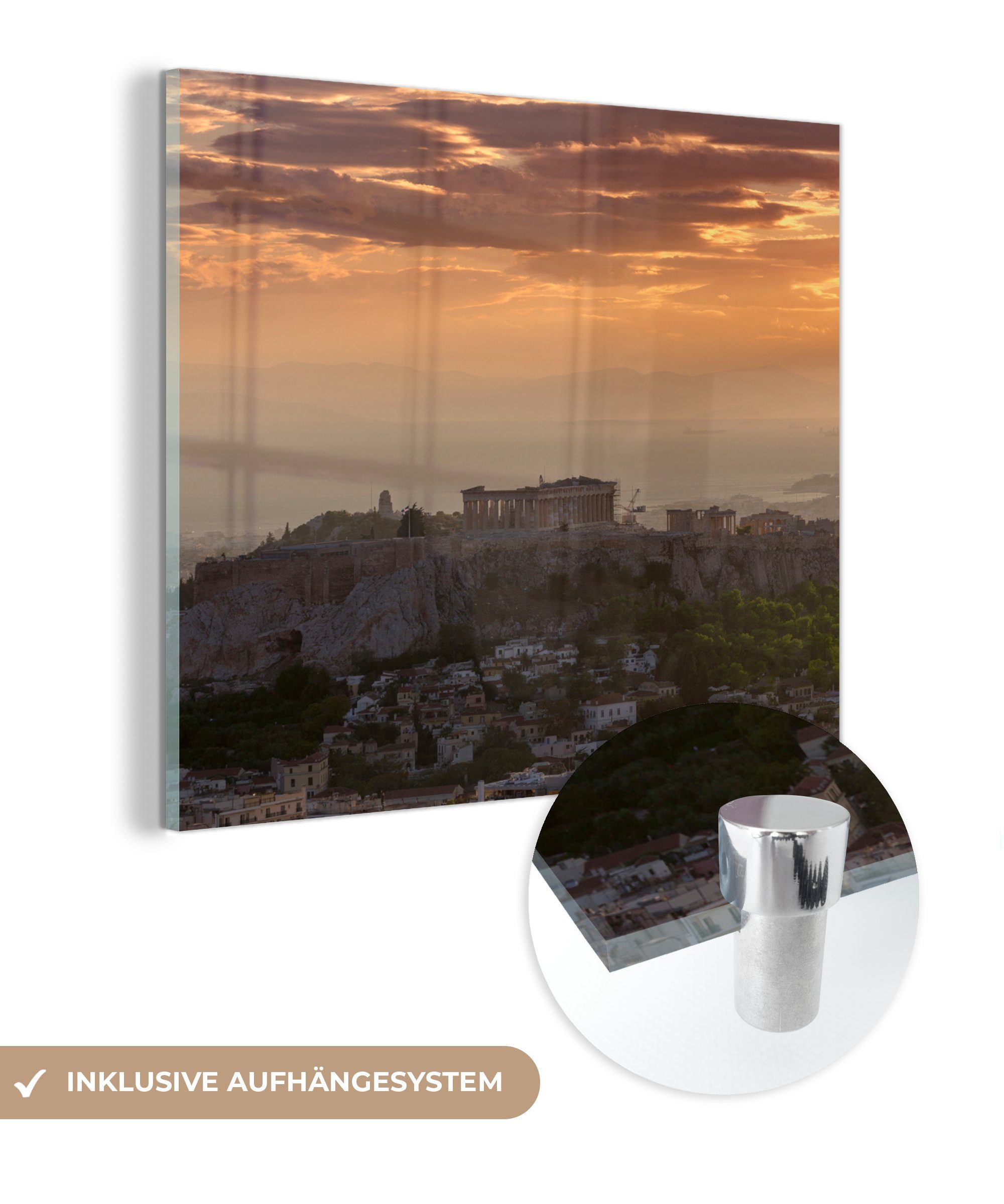 - Glas Wandbild St), (1 Wanddekoration Glas bei Glasbilder Der auf auf Parthenon MuchoWow Foto Acrylglasbild Sonnenuntergang, - - Bilder
