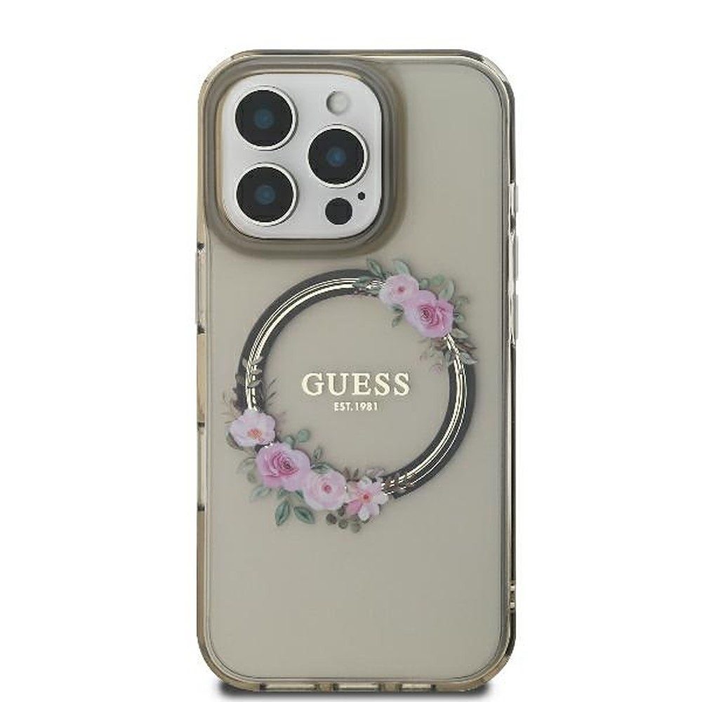 Guess Smartphone-Hülle Handyhülle Schutzhülle Hartschale 6,9 Zoll, MagSafe, Blumenkranz-Motiv, Hartschale