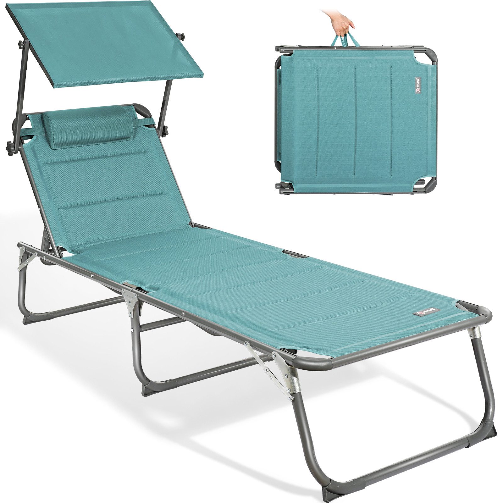 HOMECALL Gartenliege Sonnenliege AluLiege Liegestuhl Strandliege Liegen, klappbar, Textilene Mit Dickem Schwamm, Verstellbare Rückenlehne, Sonnenblende, Kopfpolster, bis 180KG
