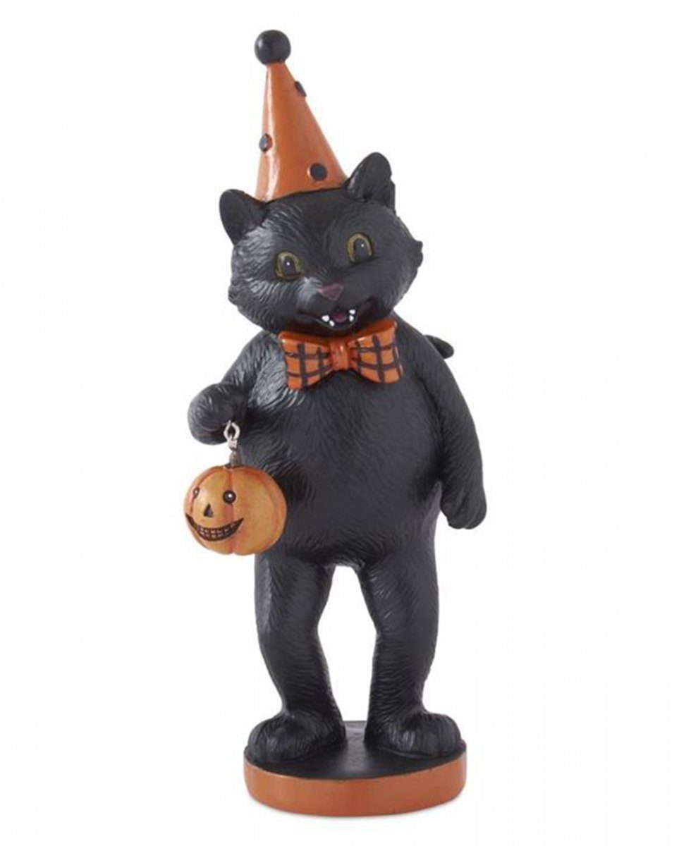 Horror-Shop Dekofigur Schwarze Halloween Katze Part mit Kürbis, & Fliege