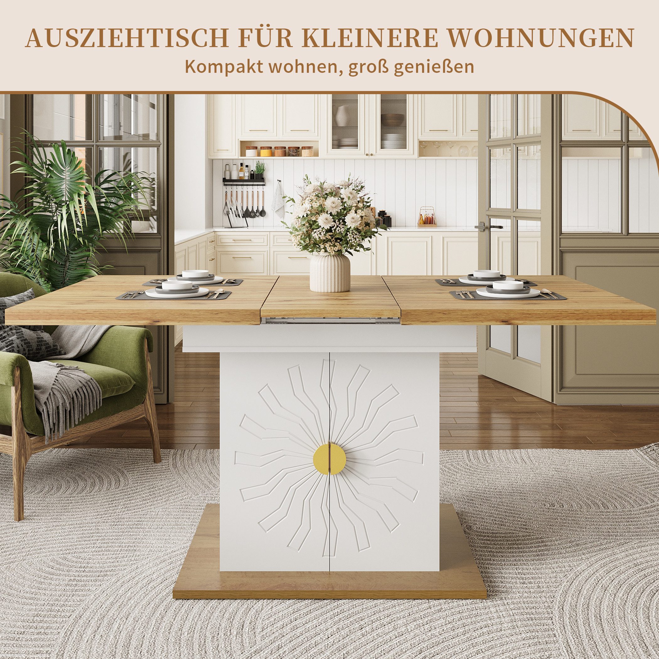 SeedWave Esstisch Ausziehbare Küchentisch mit 110-140cm Tischplatte, 2 Schranktüren, Säulentisch inkl. 2 geschlossene Staufächer