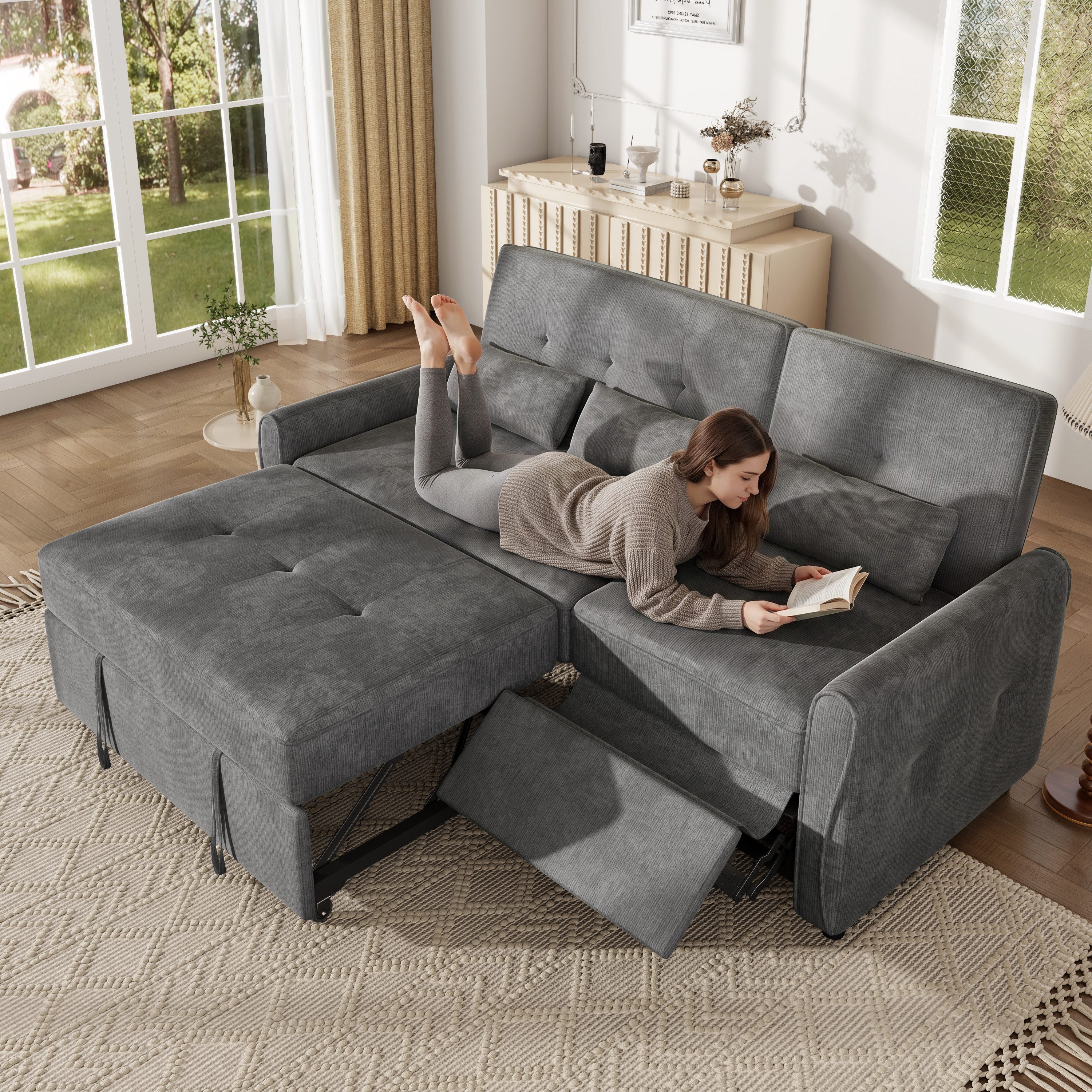 Merax Schlafsofa mit verstellbarer Rückenlehne (90°/145°/180),3-in-1 Chenille Sofabett, 176 x 148 x 83 cm 1 Teile, 3-Sitzer-Sofa mit ausziehbarer Liegefläche, Beinauflage & 3 Kissen