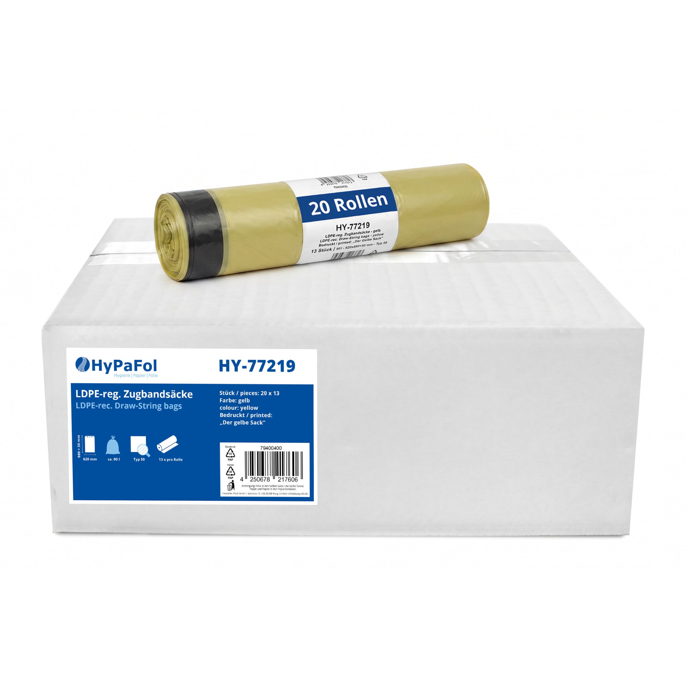Hypafol Müllbeutel 90 Liter, Gelbe Säcke, extra reißfest & dehnbar, 22 µ, 5 Rollen à 13 Säcke