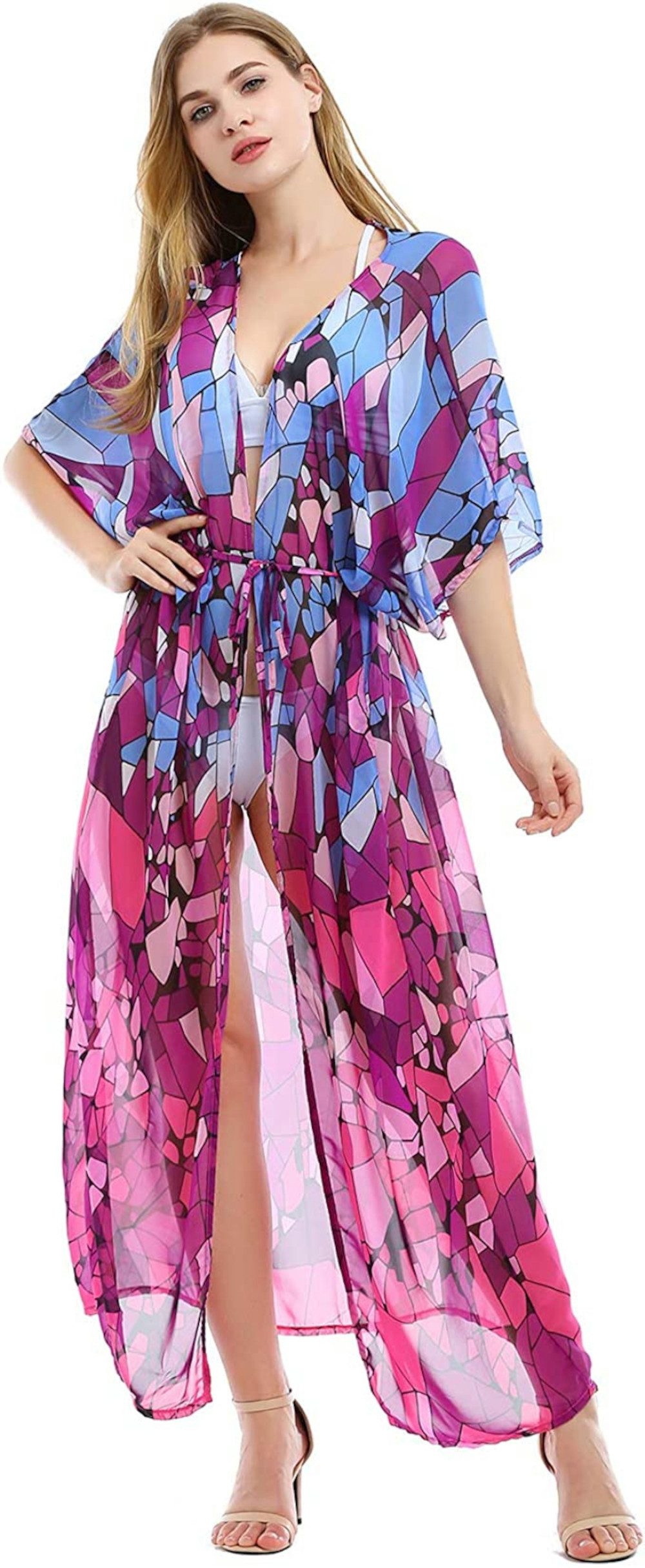 LikeJump Dames lange gebloemde kimono ochtendjas strand bikini coverups maxi -jurk plus size zomer gewaad, H Groen, one size