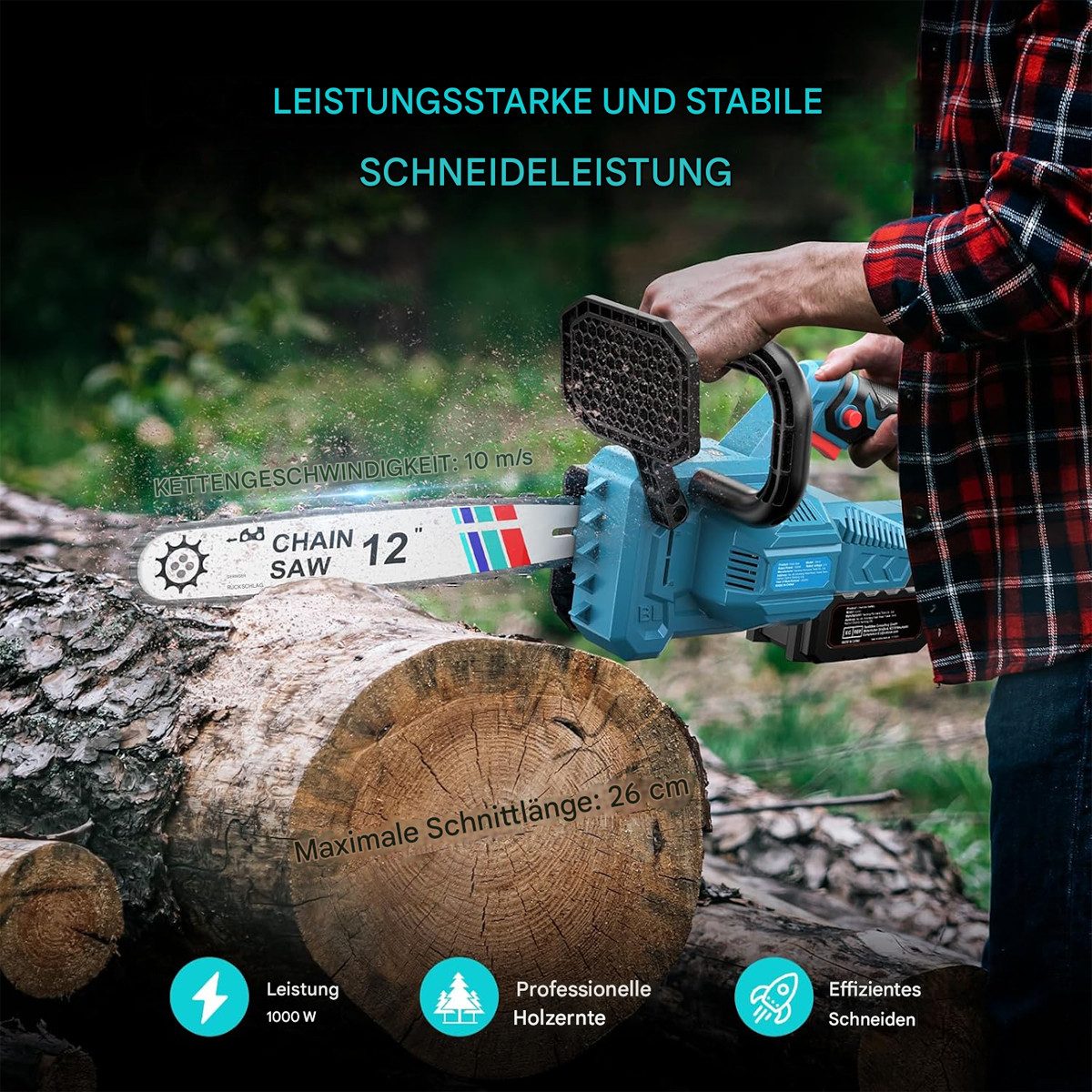 AeroAxis Akku-Kettensäge 12 Zoll bürstenlos, 1000 W, 2×4000 mAh Akku, 30 cm Schwertlänge, 2*4 AH AKKU, 1 Ketten + 1 Kettenführungsschienen, 2 Ketten + Führungsschiene – für Astschneiden, Garten & DIY