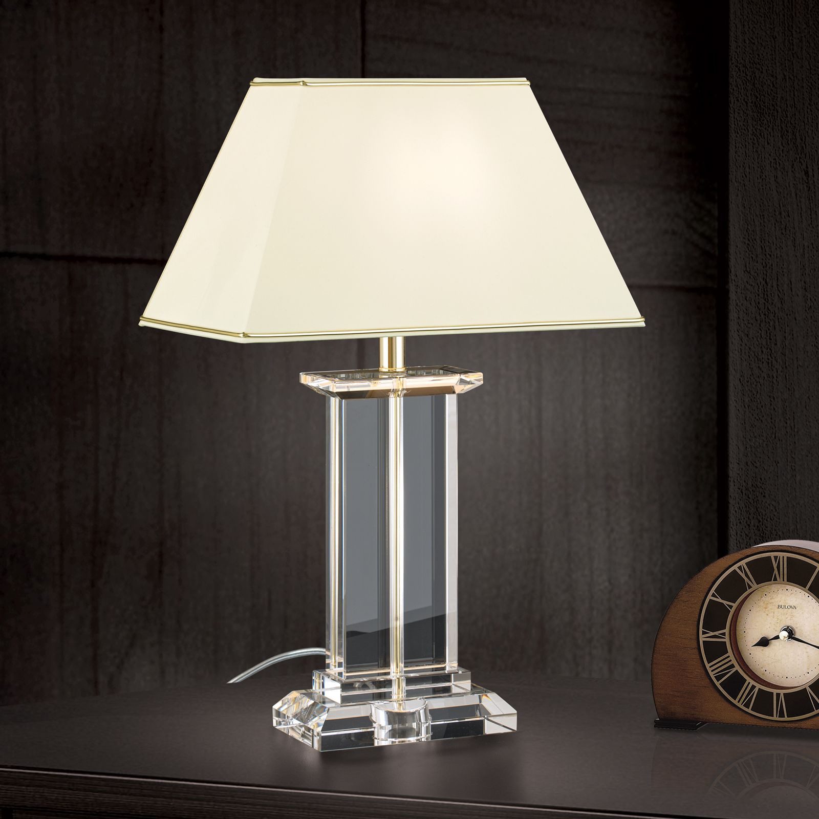 Licht-Erlebnisse Nachttischlampe THEODOR, ohne Leuchtmittel, Metall Stoff E27 55 cm hoch in Klar Creme Gold eckig Klassisch