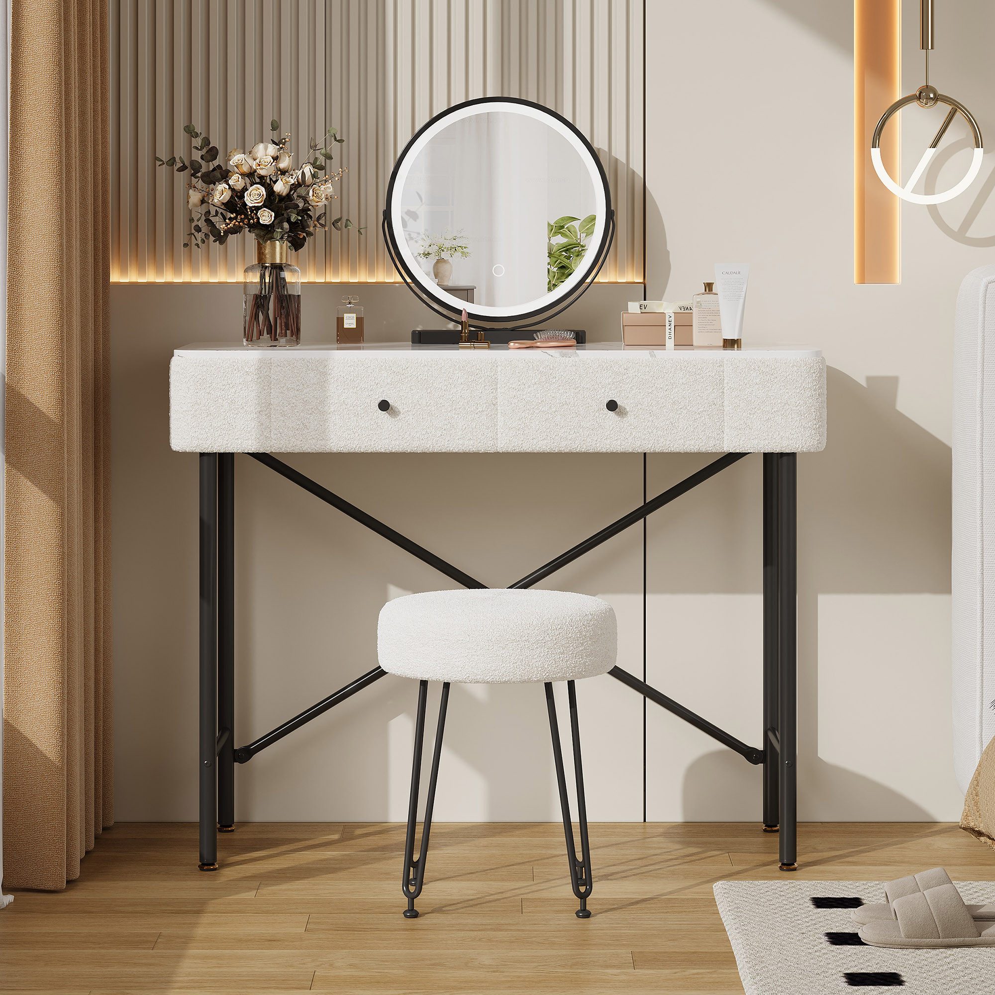 Celya Schminktisch Frisiertisch Kosmetiktisch mit LED-Spiegel und Hocker (mit 2 Schubladen, Tischplatte mit Marmoroptik, mit Fleecedekor), ideal für Schlafzimmer, Ankleidezimmer oder moderne Wohnräume