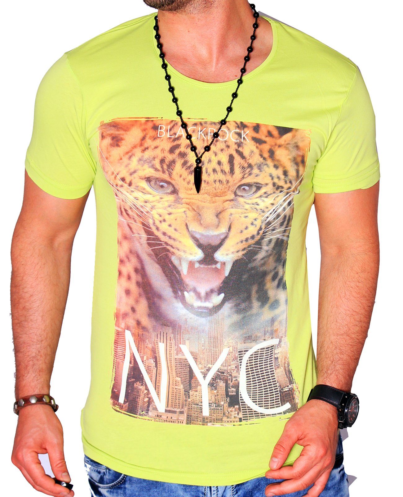 BLACKROCK T-Shirt T-Shirt Urlaub Leopard Tiger kurzarm Rundhals bedruckt Slim-Fit Hell-Grün